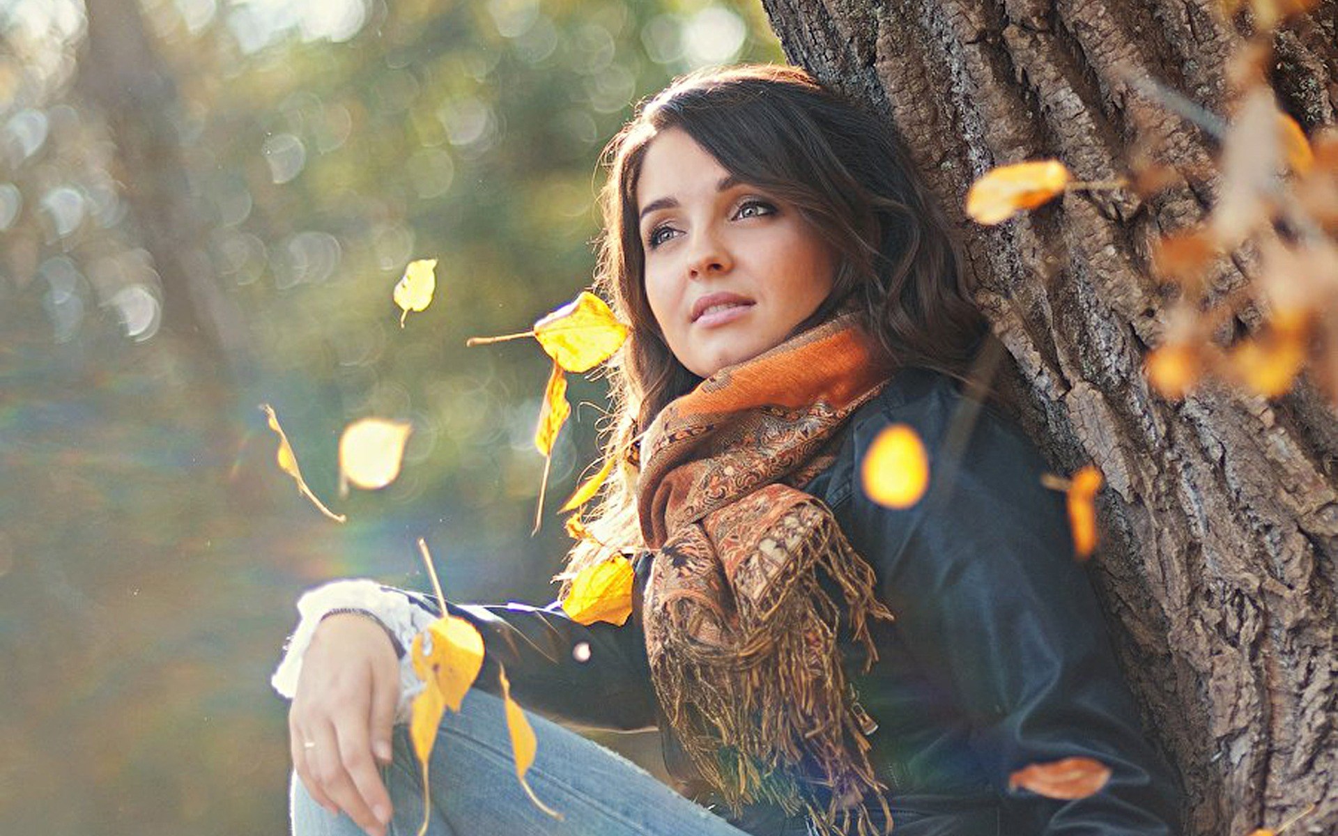 Woman sitting by a tree in autumn HD Wallpaper