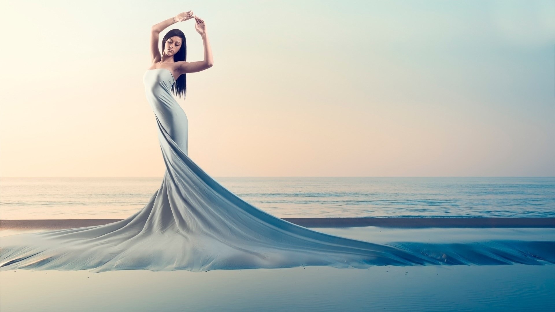 Woman in a flowing dress on a beach at sunset HD Wallpaper