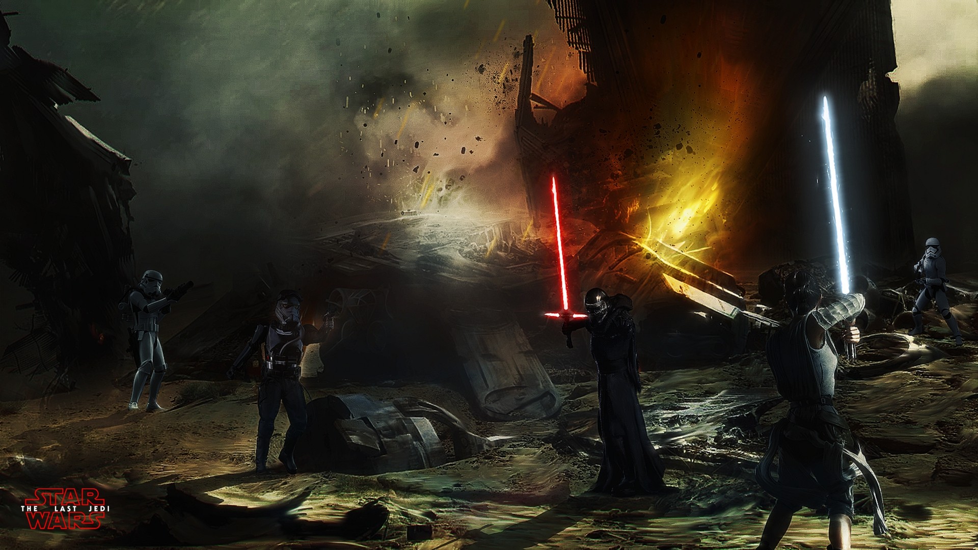 Kylo Ren and Rey from Star Wars: The Last Jedi in battle HD Wallpaper