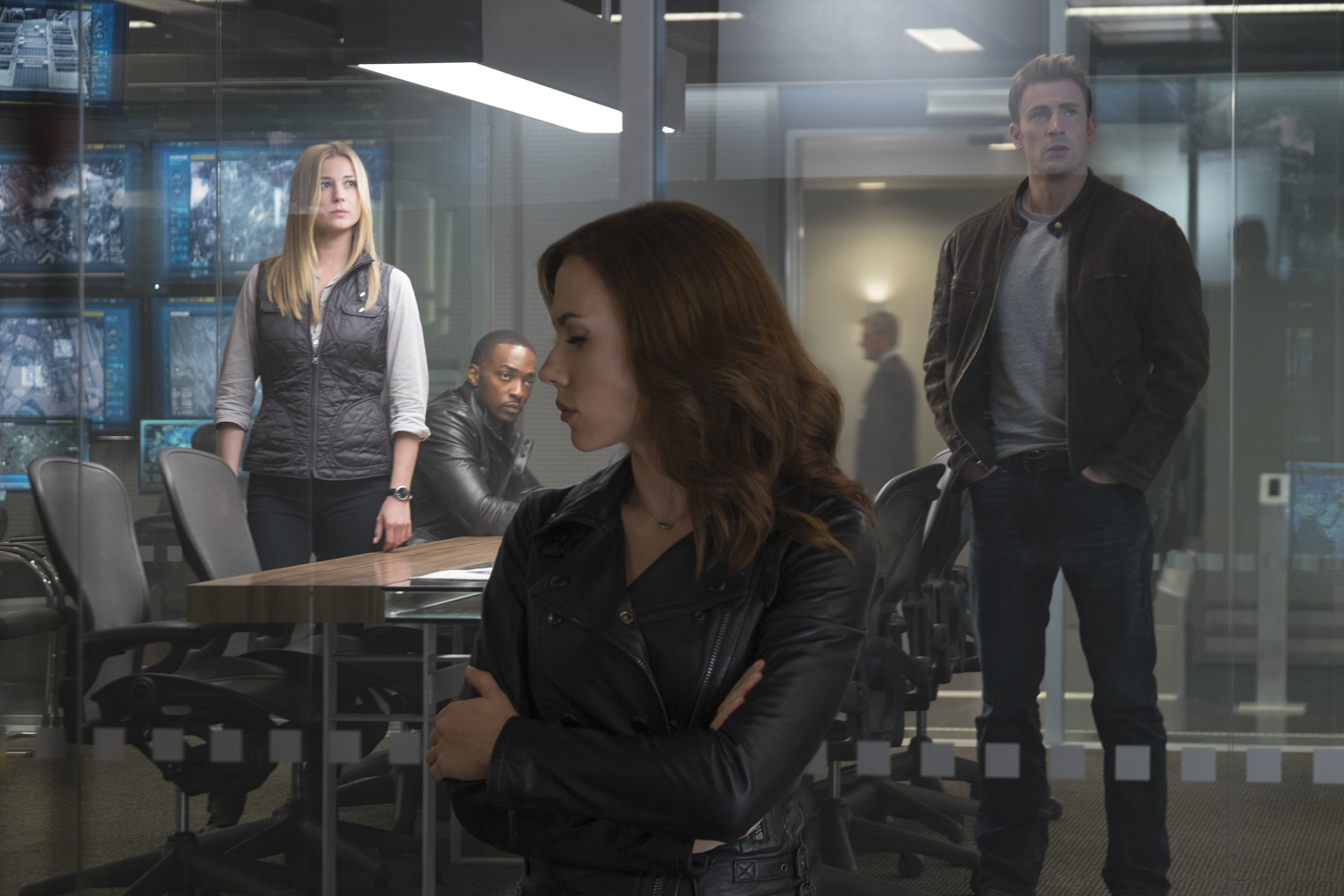 Sharon Carter, Falcon, Black Widow, and Captain America in a meeting room HD Wallpaper