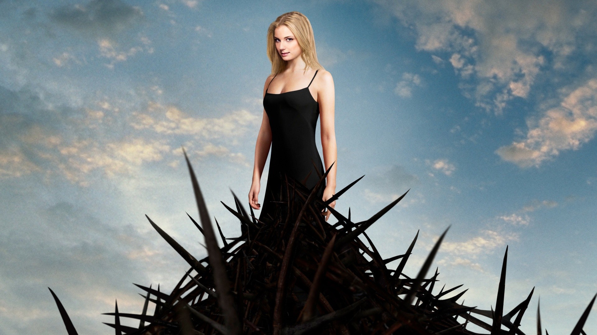 Emily VanCamp in a black dress on thorns HD Wallpaper