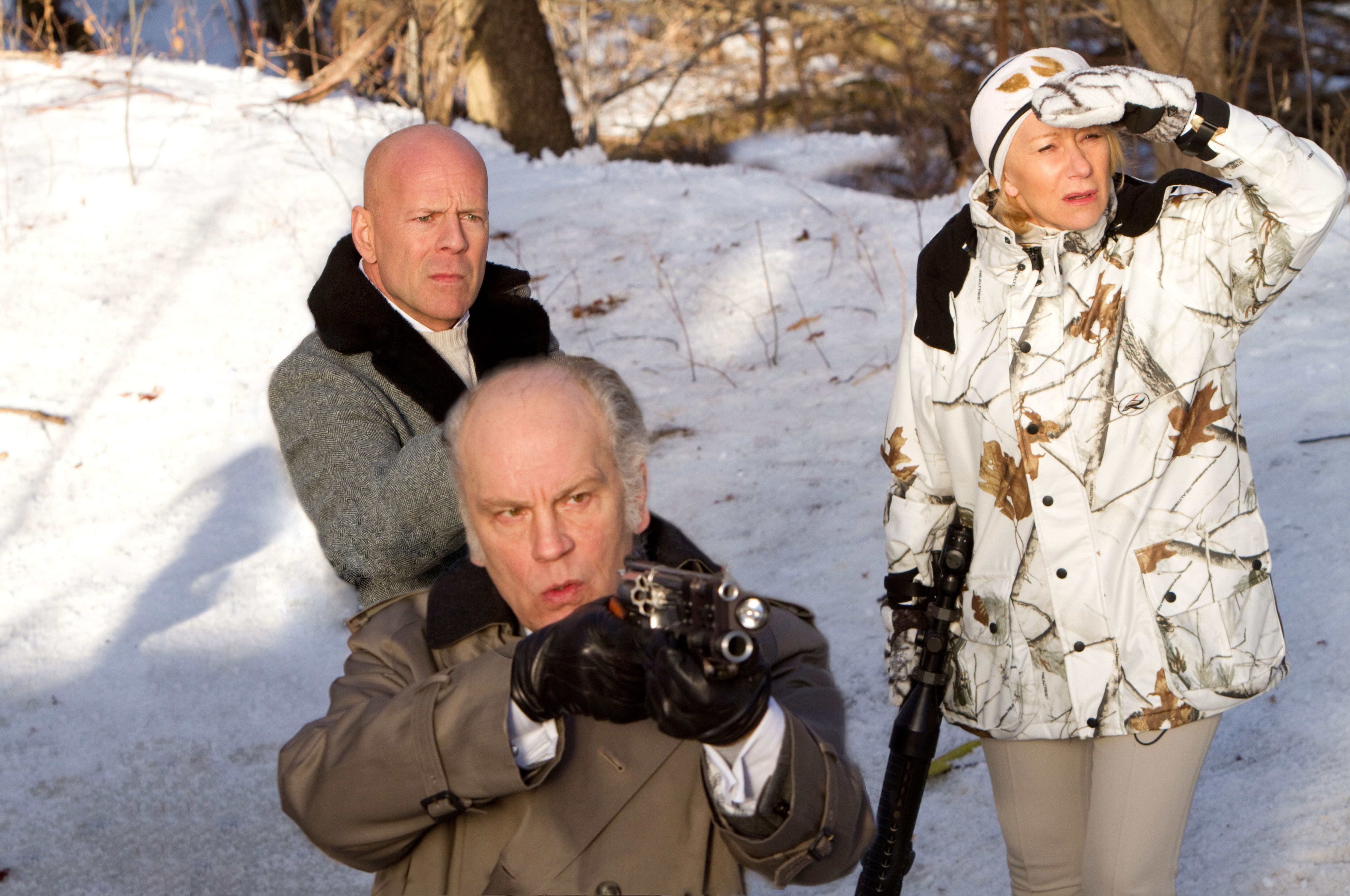 John Malkovich, Bruce Willis, and Helen Mirren in snow HD Wallpaper
