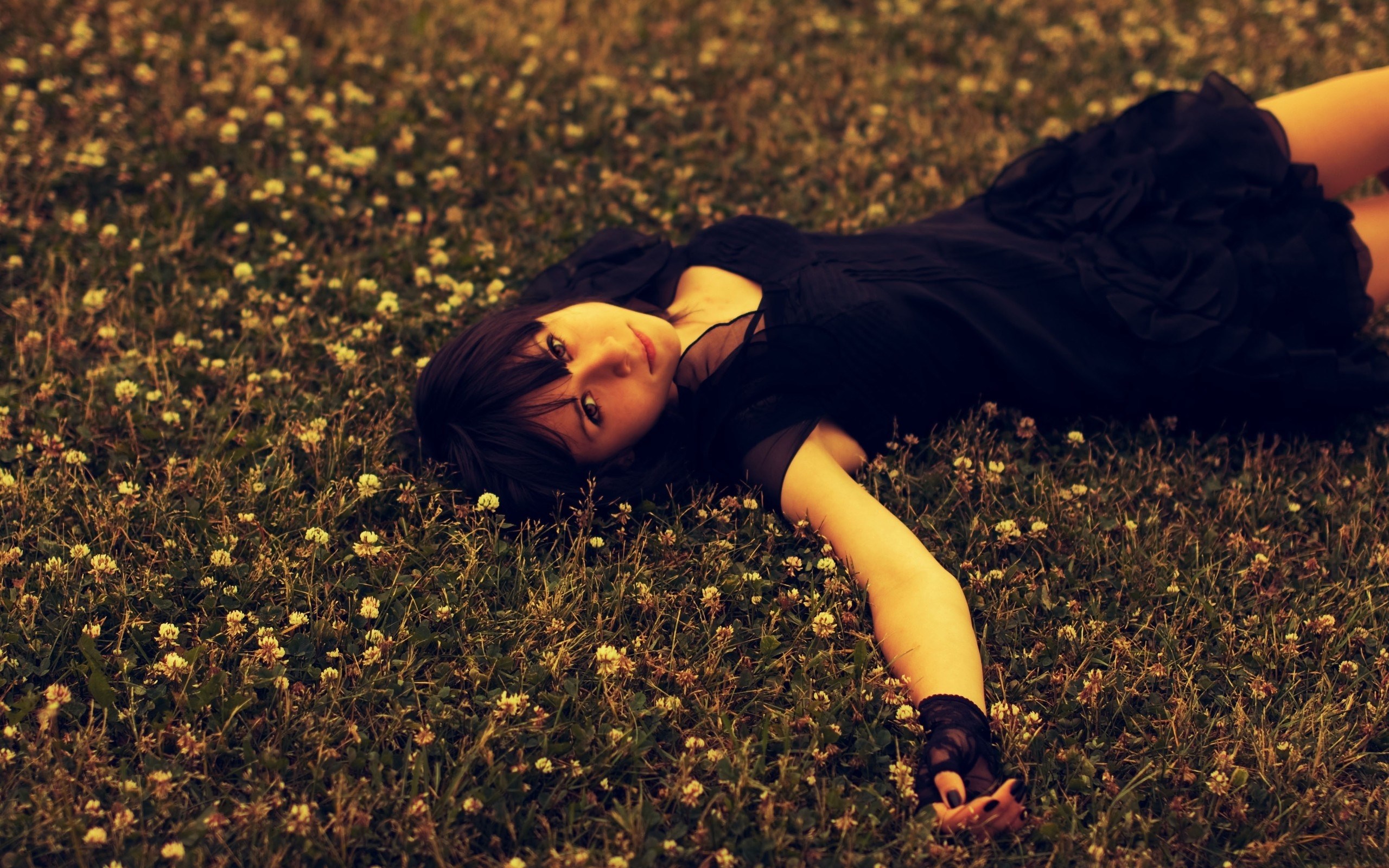 Girl in black dress lying in grass HD Wallpaper