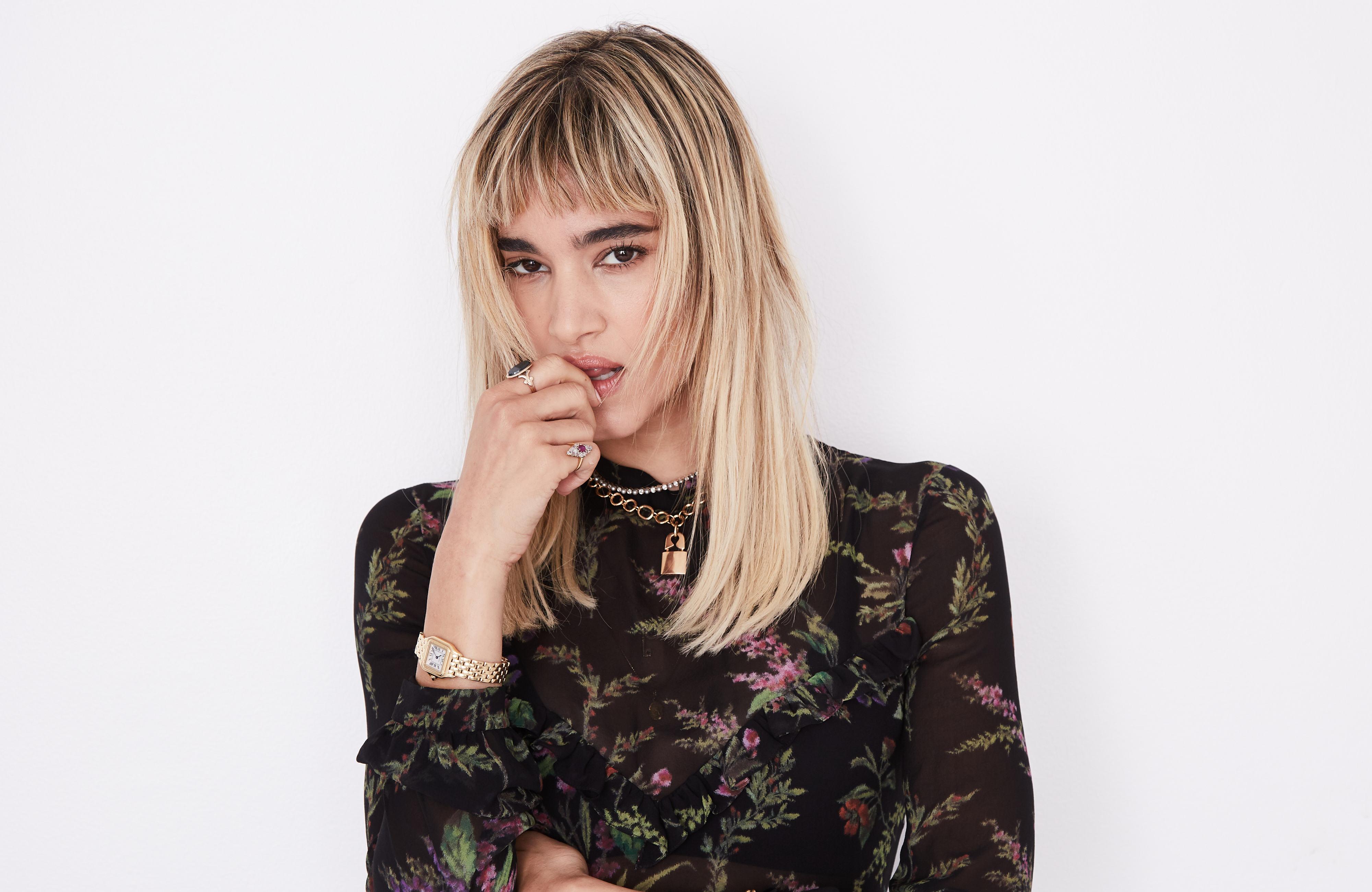 Sofia Boutella Blonde Woman in Black Floral Sheer Top HD Wallpaper