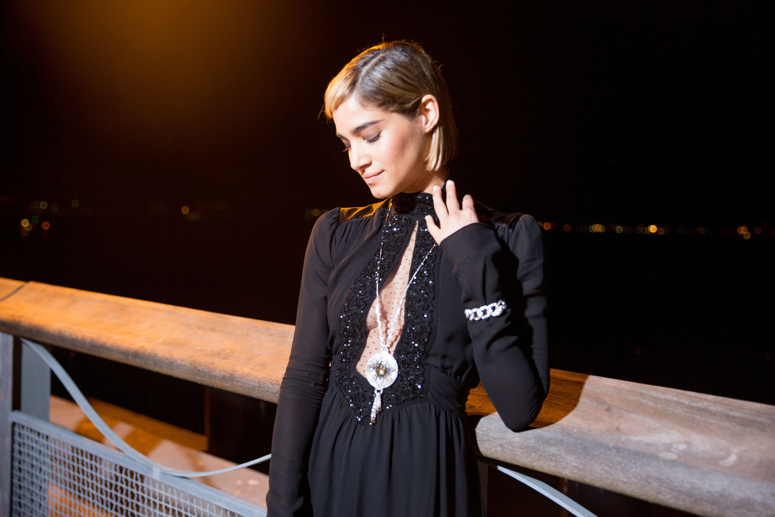 Sofia Boutella in black dress at night HD Wallpaper