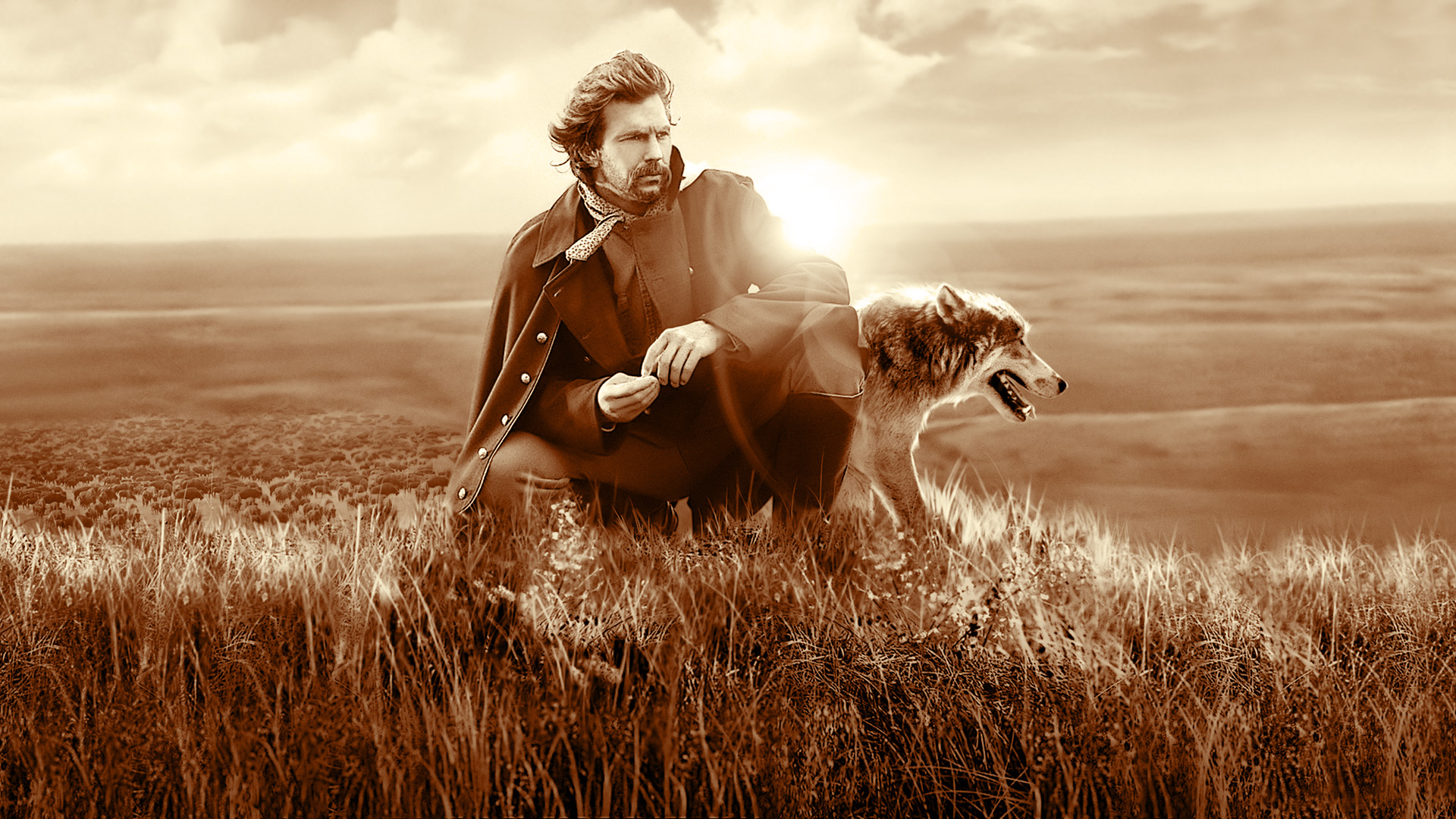 Kevin Costner with a wolf HD Wallpaper