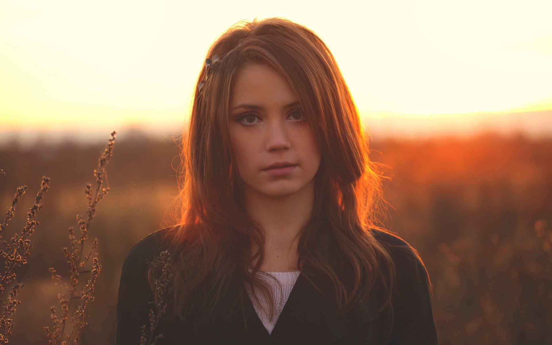 Young woman in field at sunset HD Wallpaper