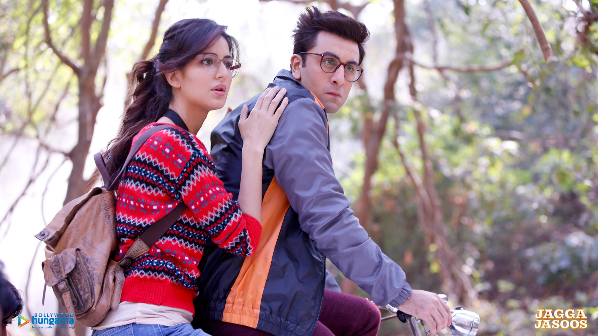 Katrina Kaif and Ranbir Kapoor on a bicycle HD Wallpaper