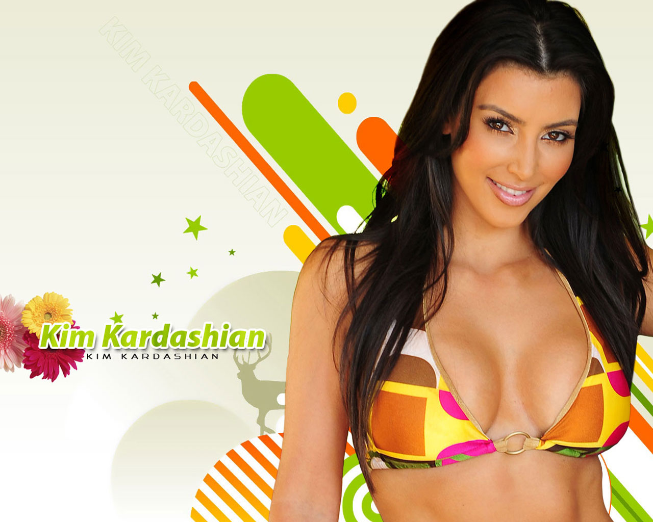 Kim Kardashian in a colorful bikini HD Wallpaper