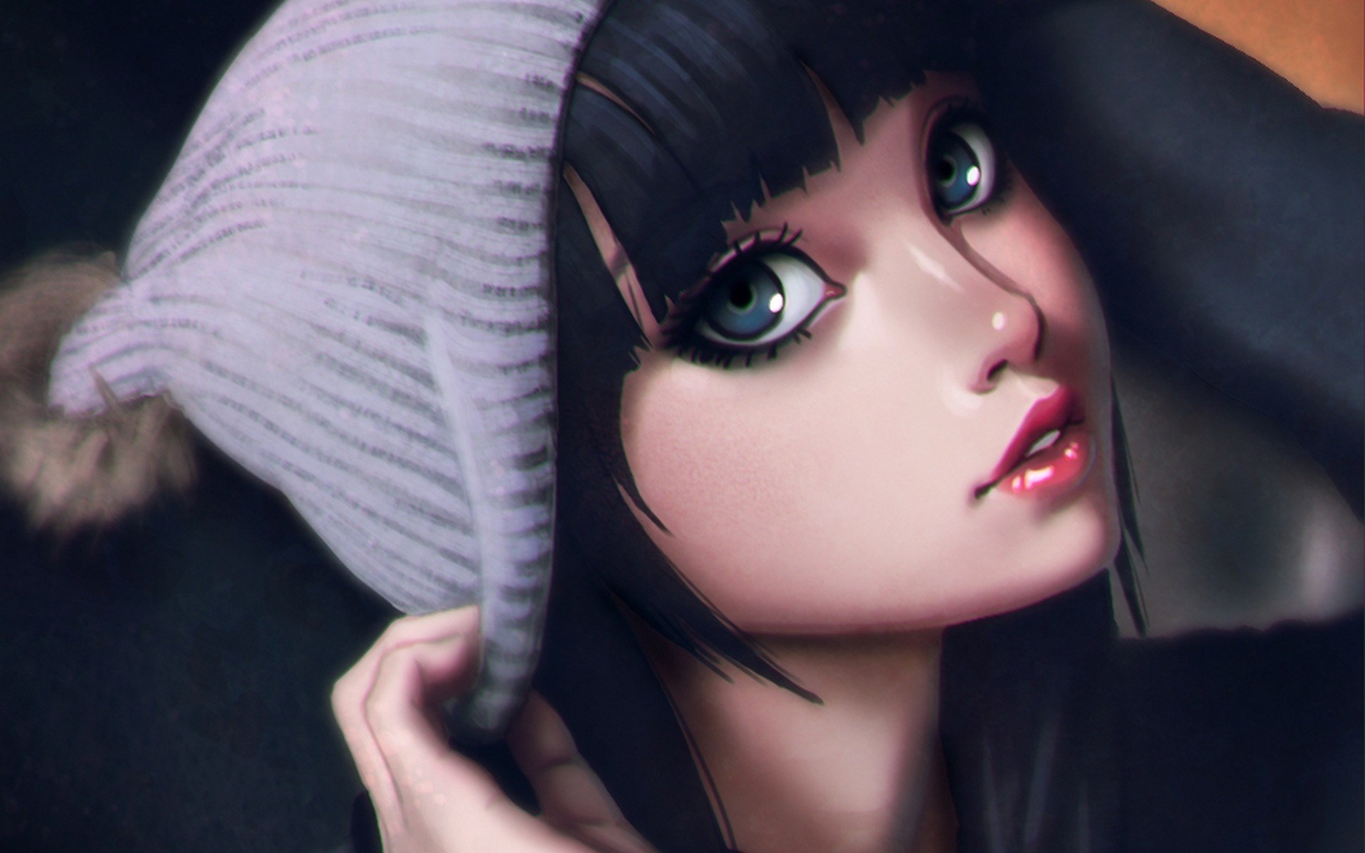 Anime girl with blue eyes wearing a beanie HD Wallpaper