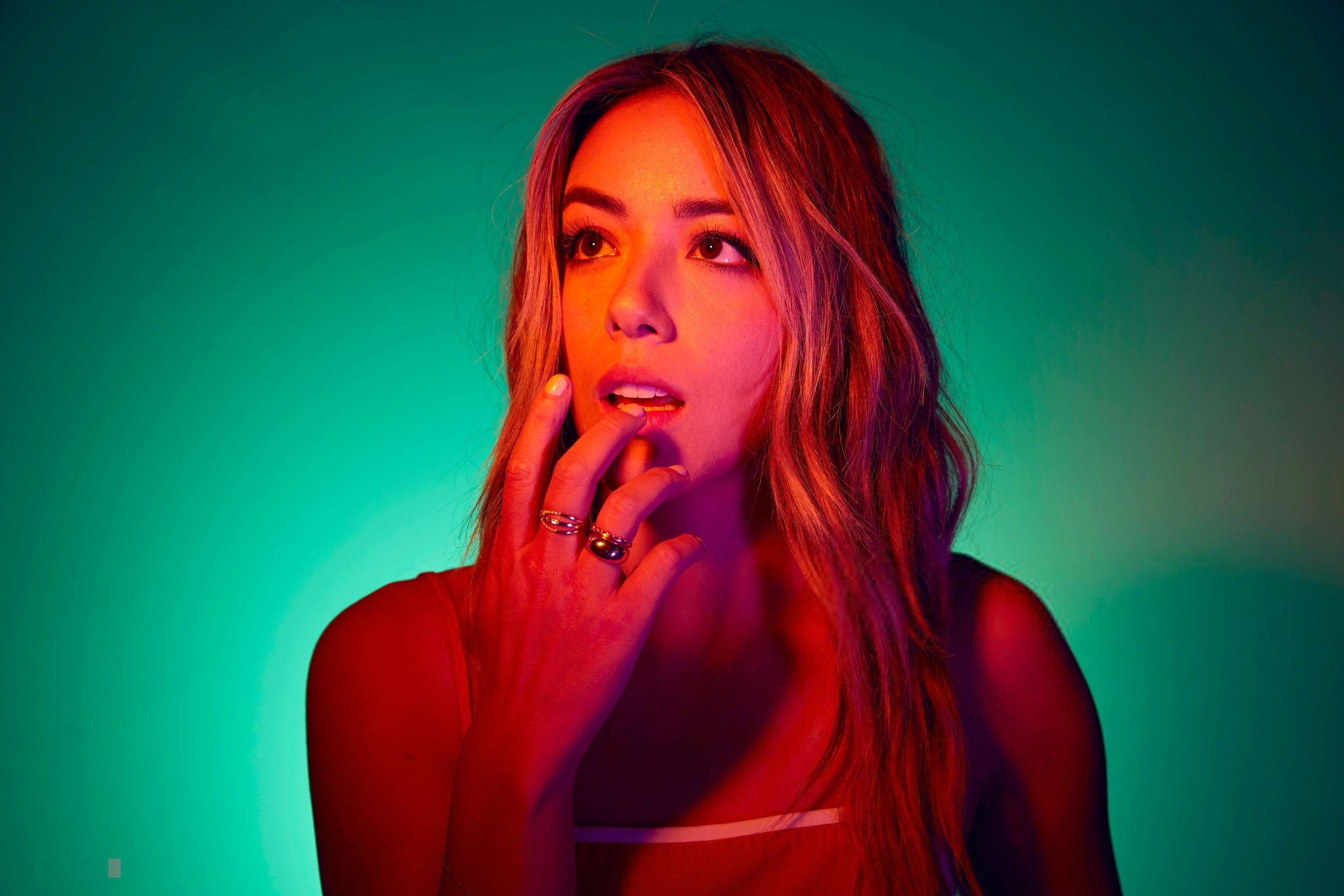 Chloe Bennet with red and green lighting HD Wallpaper