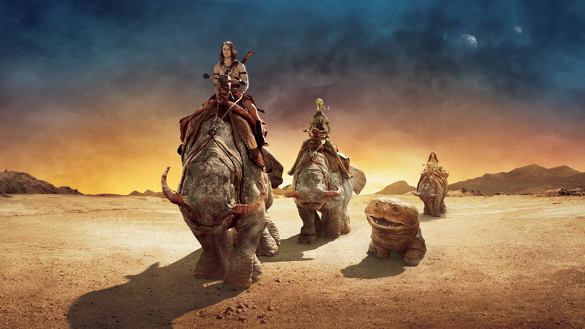 John Carter riding alien creatures in a desert HD Wallpaper