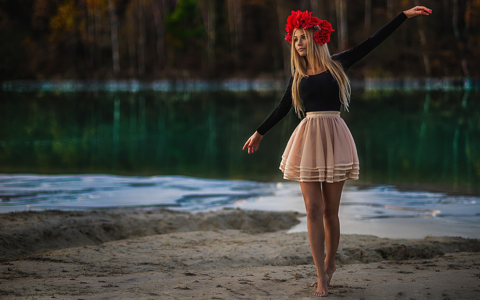 Woman with flower crown by lake HD Wallpaper