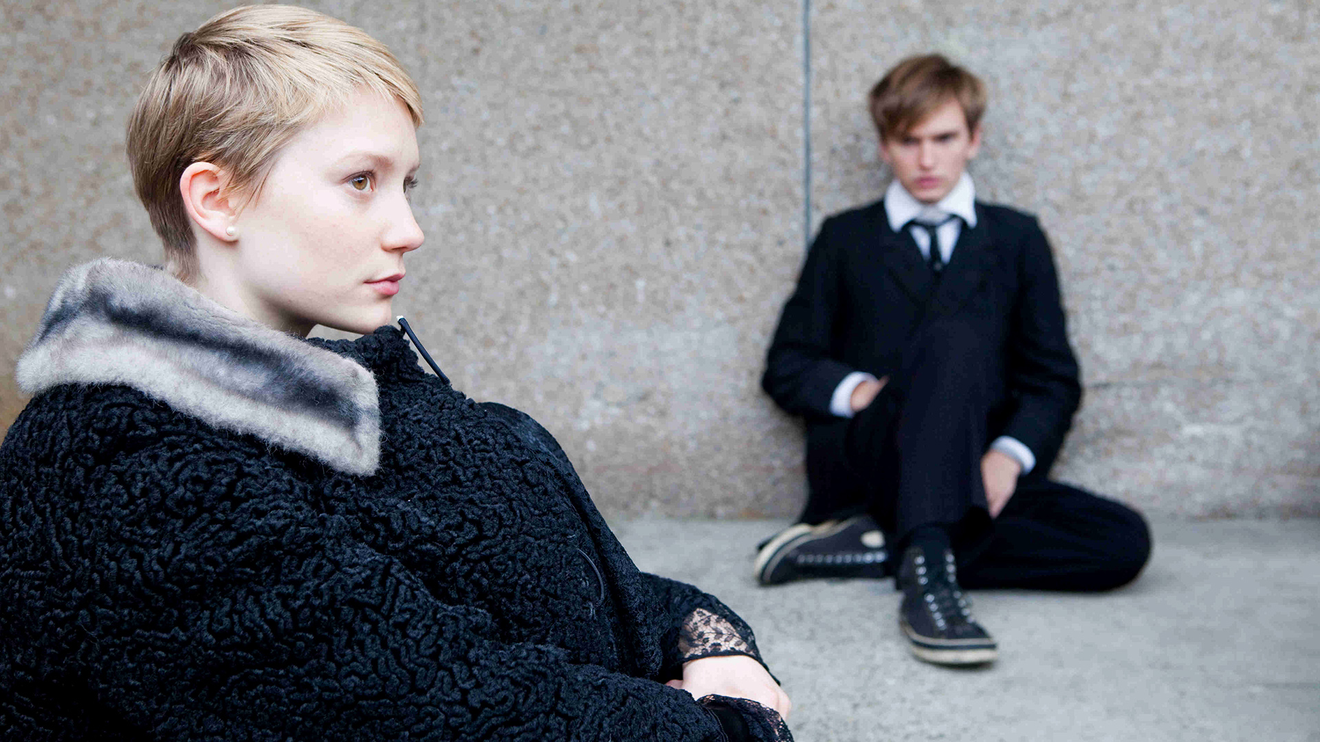 Mia Wasikowska and a man in suits HD Wallpaper