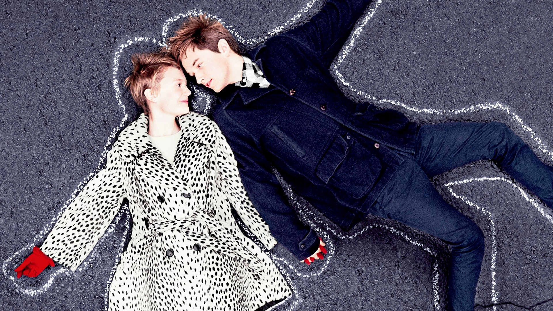 Mia Wasikowska and man lying on chalk outlines HD Wallpaper