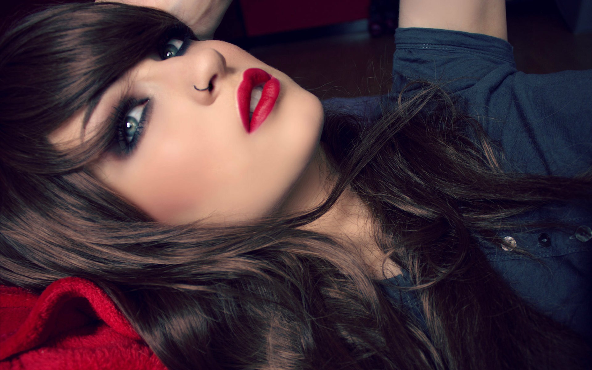 Woman with dark hair and red lipstick HD Wallpaper