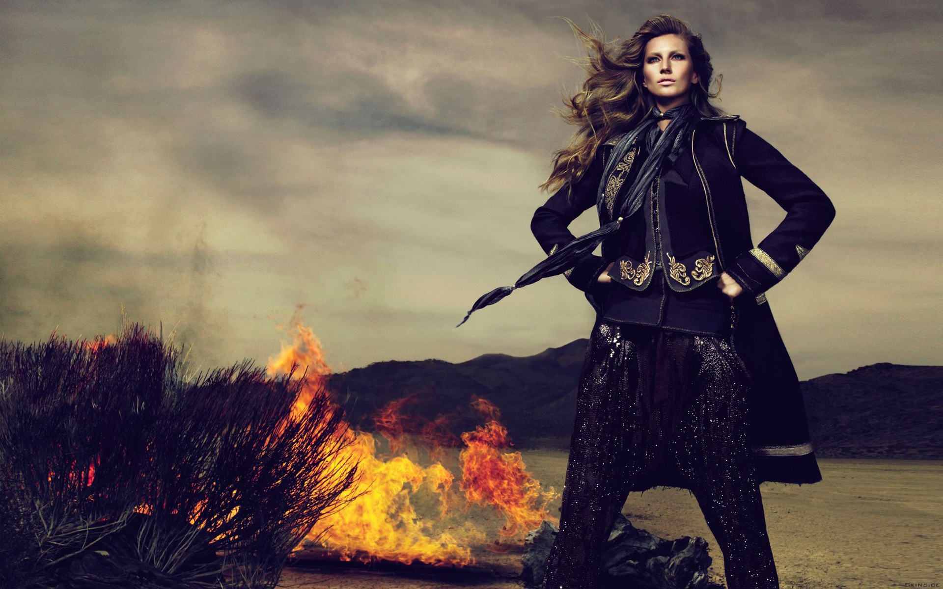 Gisele Bündchen in a desert with a bonfire HD Wallpaper