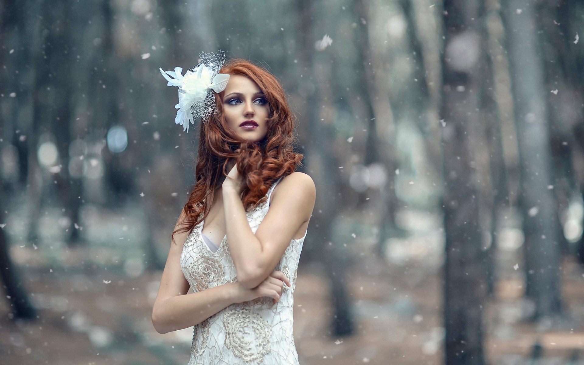 Woman with red hair and white dress in a forest HD Wallpaper
