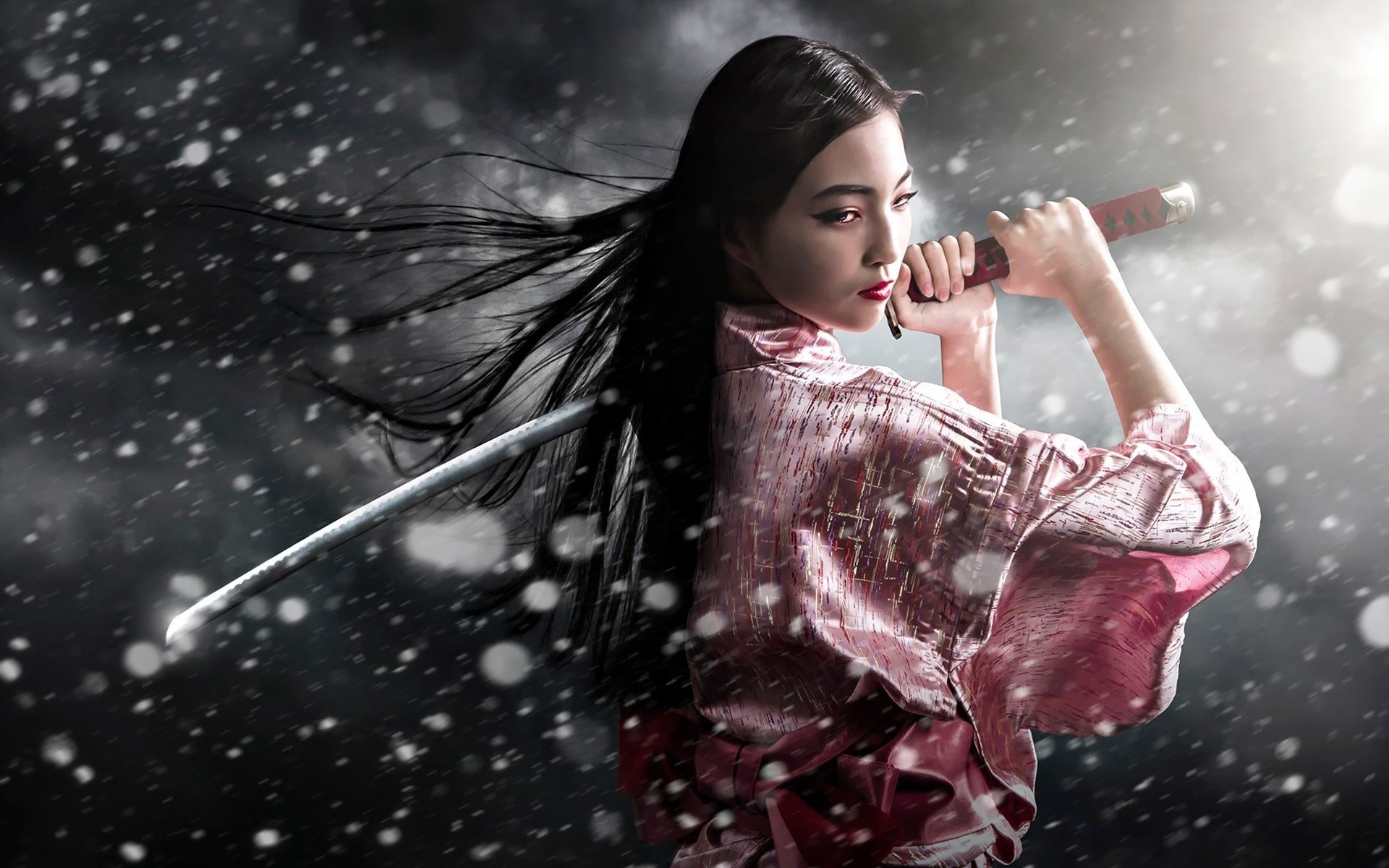 Woman in kimono holding a katana HD Wallpaper