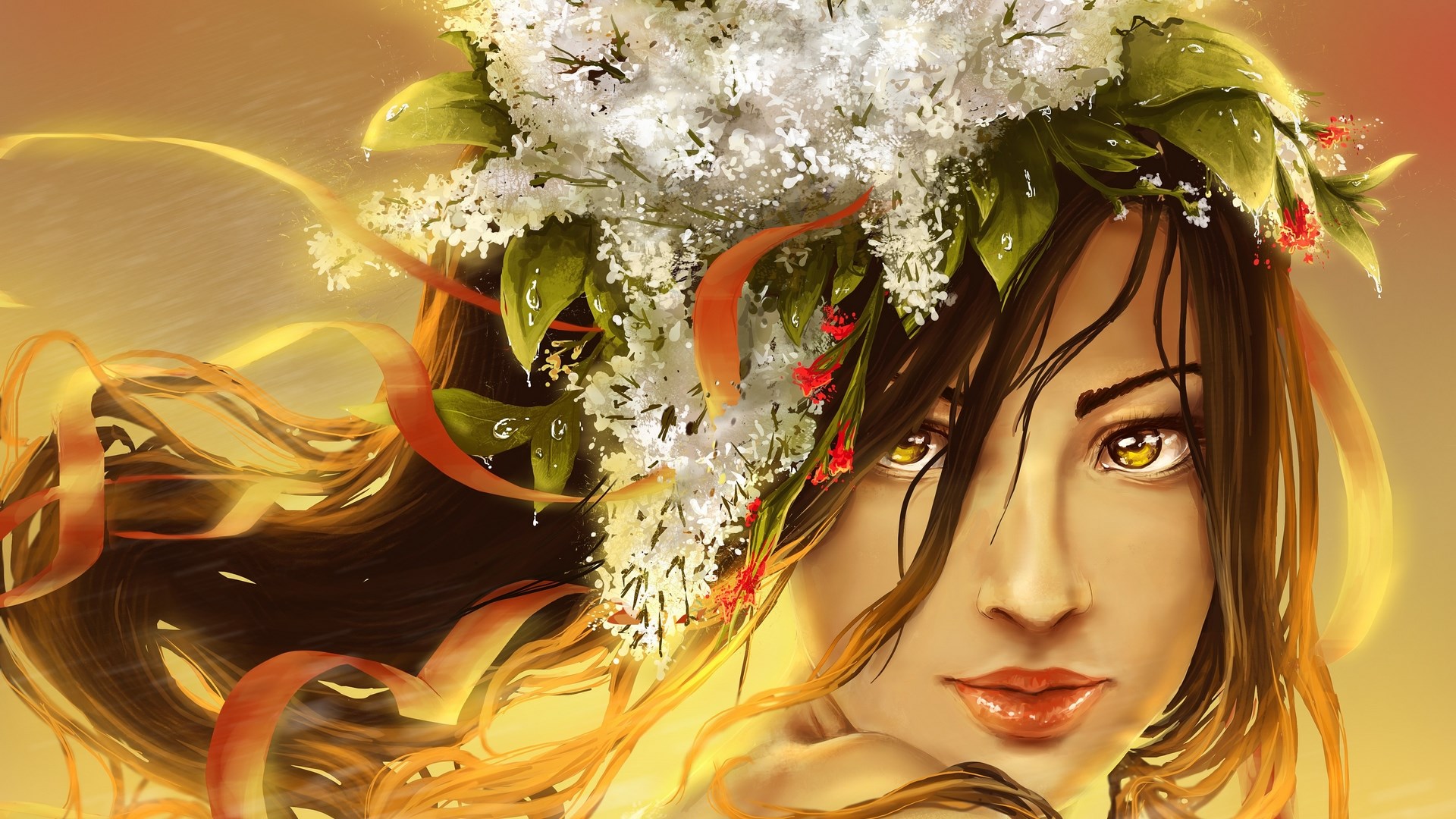 Woman with flower crown and flowing ribbons HD Wallpaper