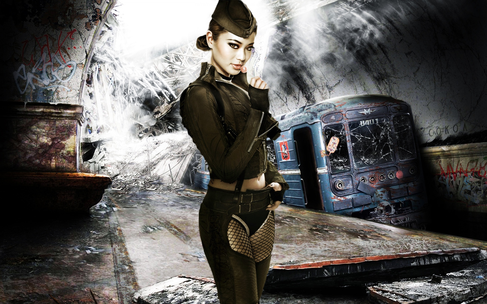 Jamie Chung in a post-apocalyptic subway HD Wallpaper