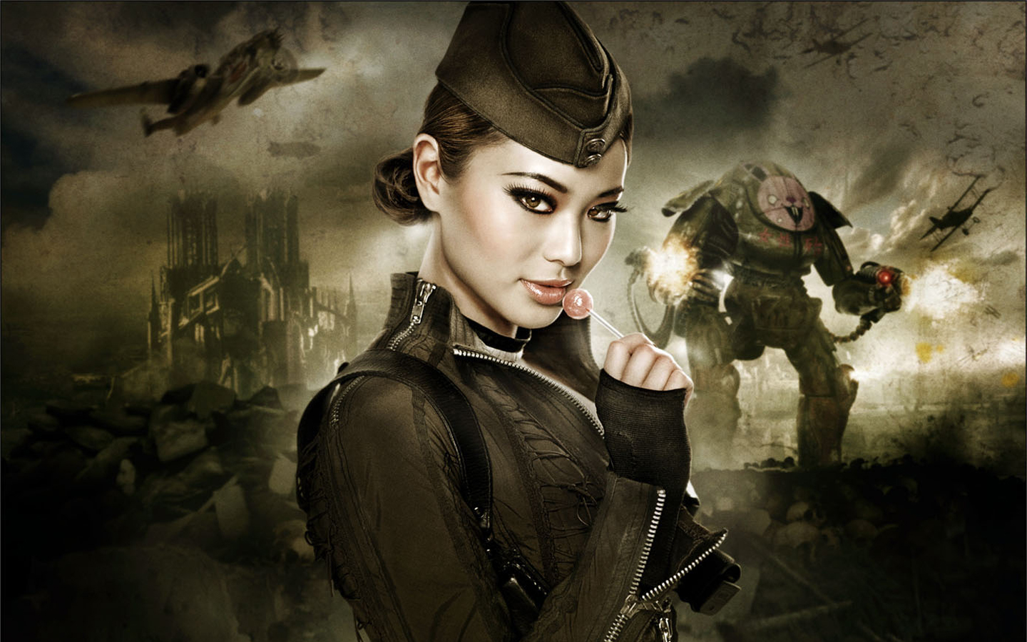 Jamie Chung in a retro-futuristic war scene HD Wallpaper