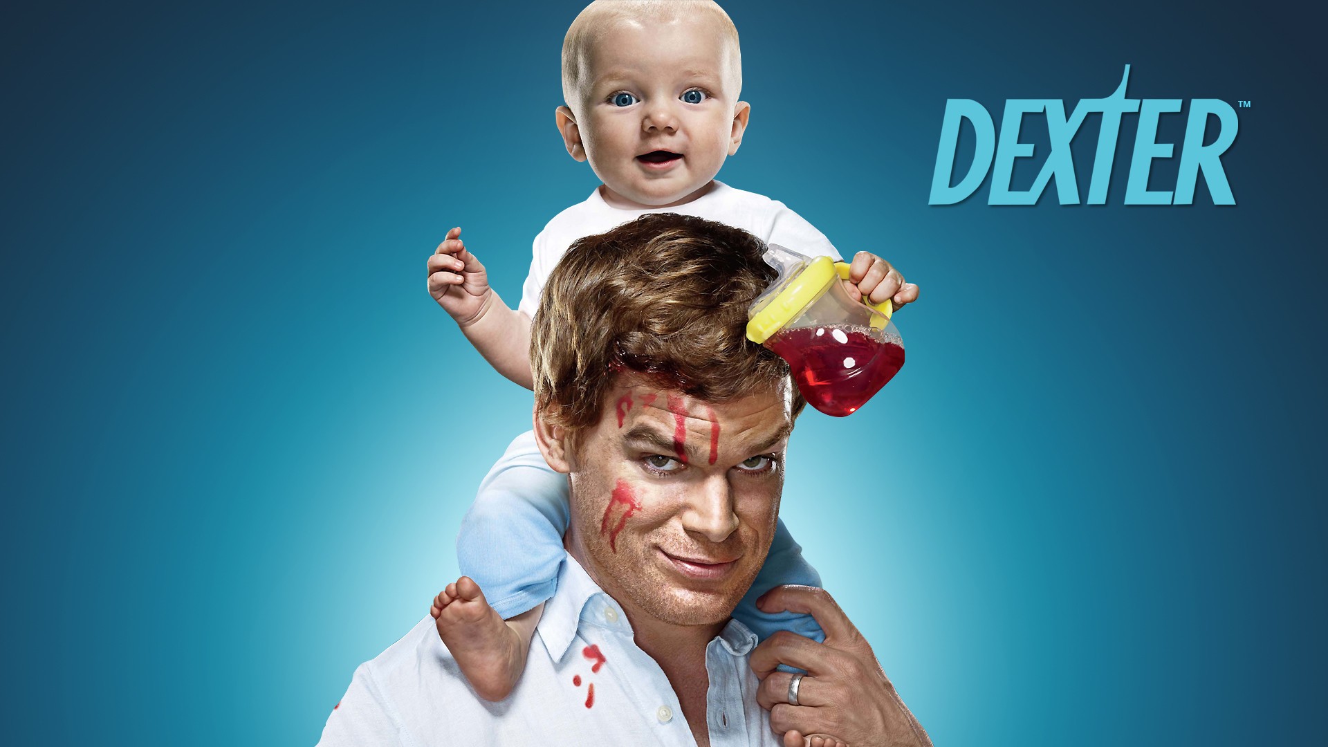Dexter with a baby holding a juice pitcher HD Wallpaper