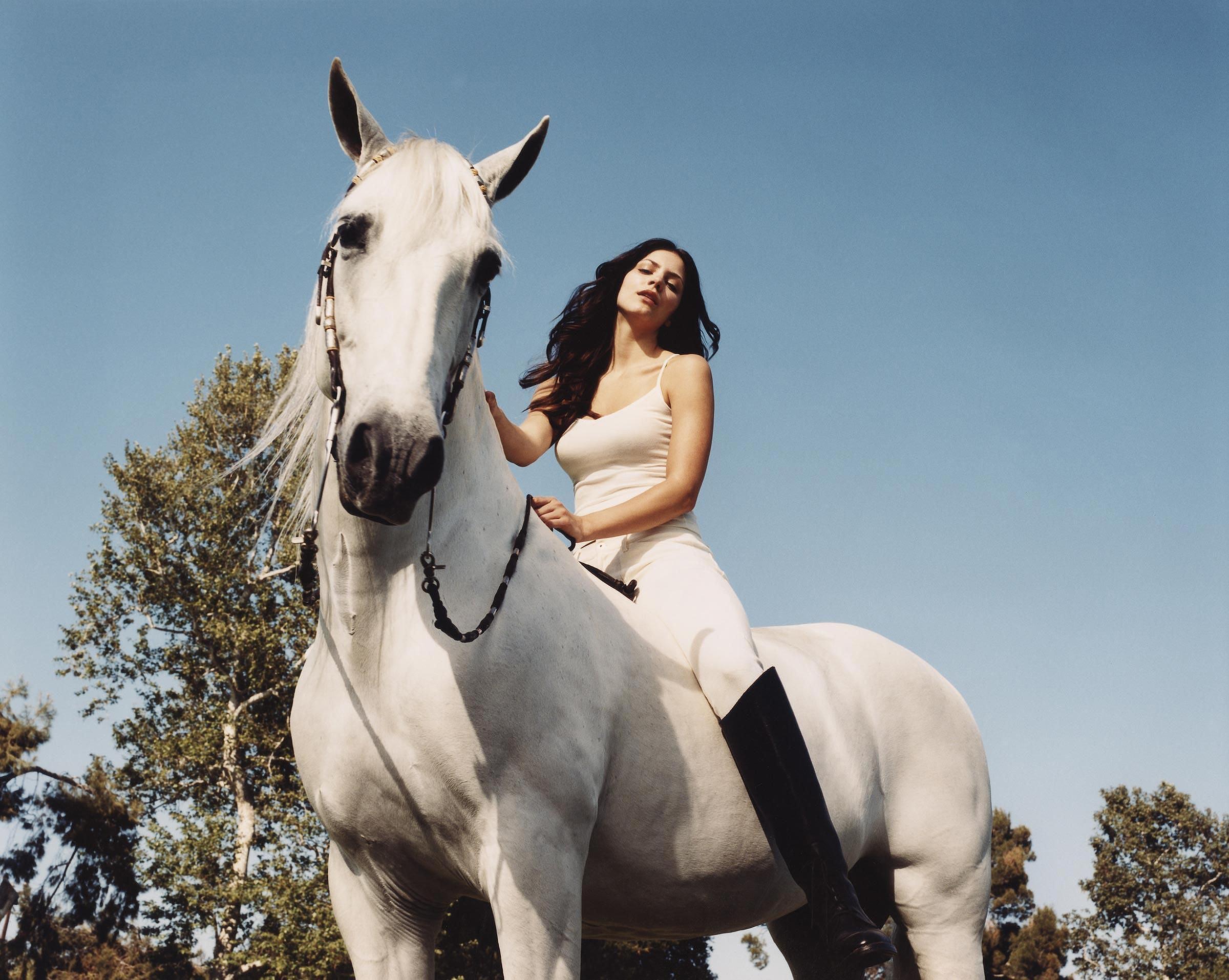 Katharine McPhee riding a white horse HD Wallpaper