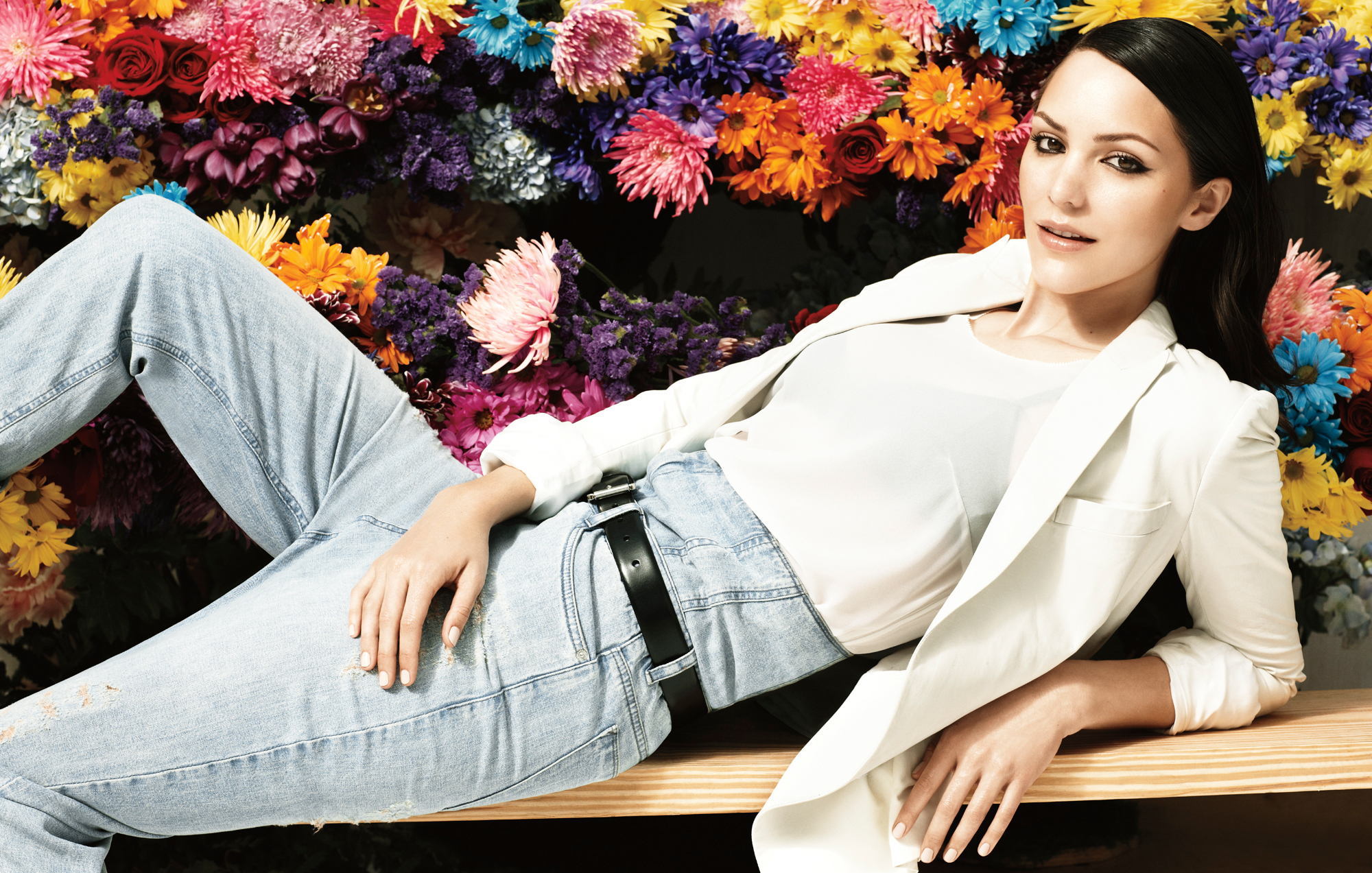Katharine McPhee in front of colorful flowers HD Wallpaper