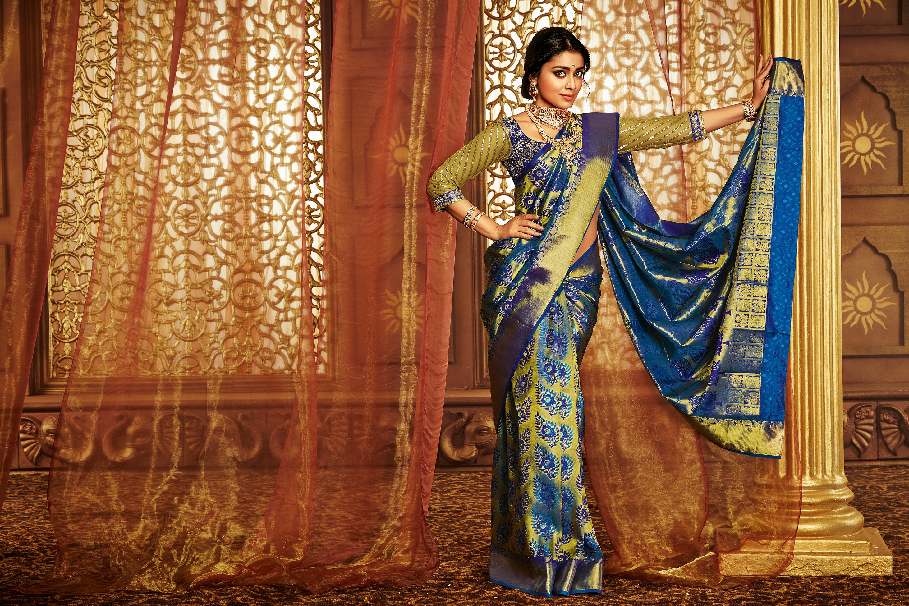 Shriya Saran in a blue and green saree HD Wallpaper