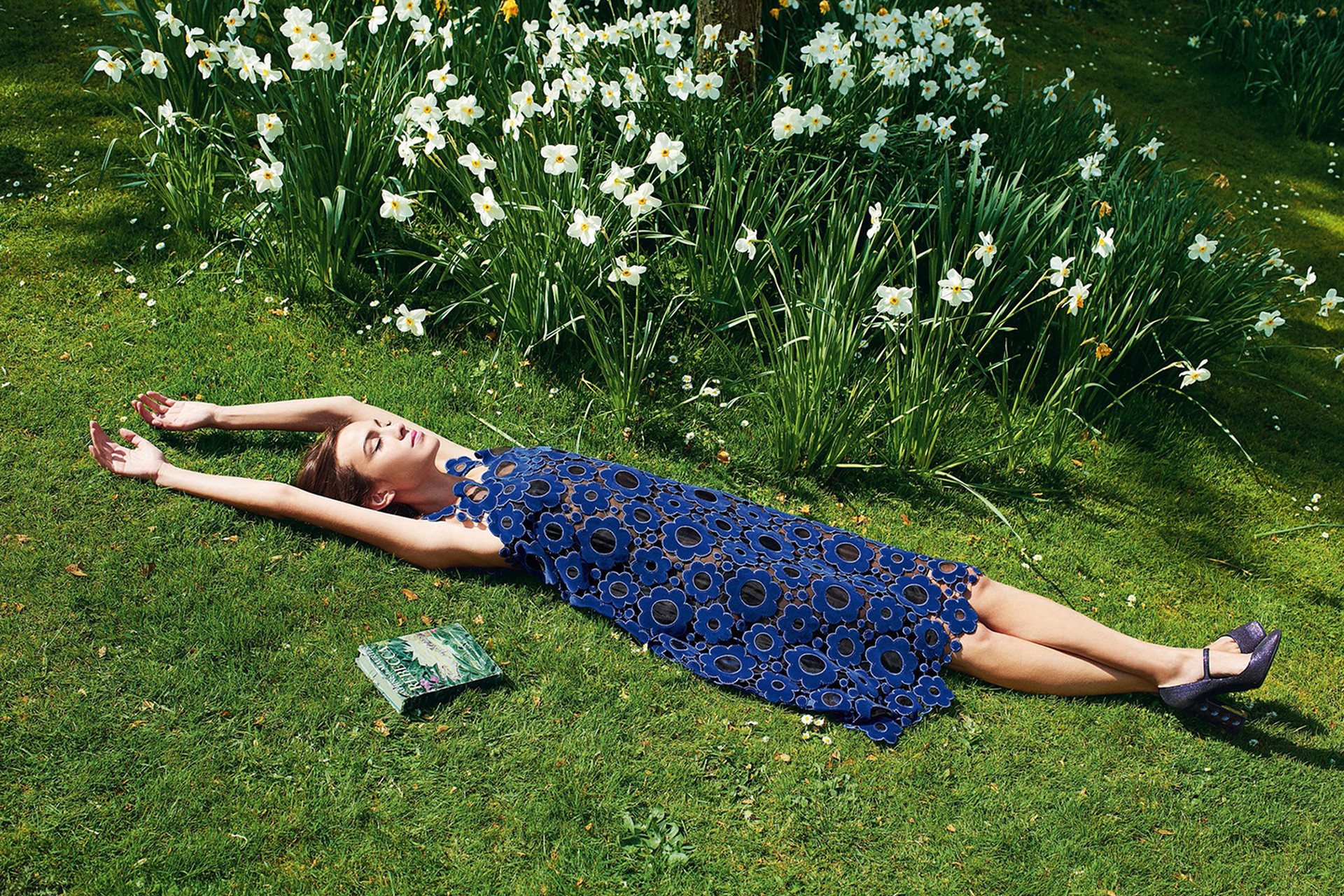 Alexa Chung lying on grass near daffodils HD Wallpaper