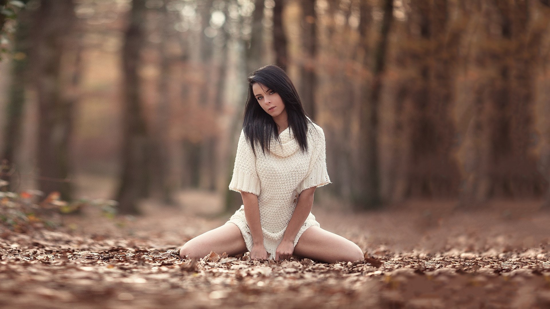 Woman in sweater sitting in autumn forest HD Wallpaper