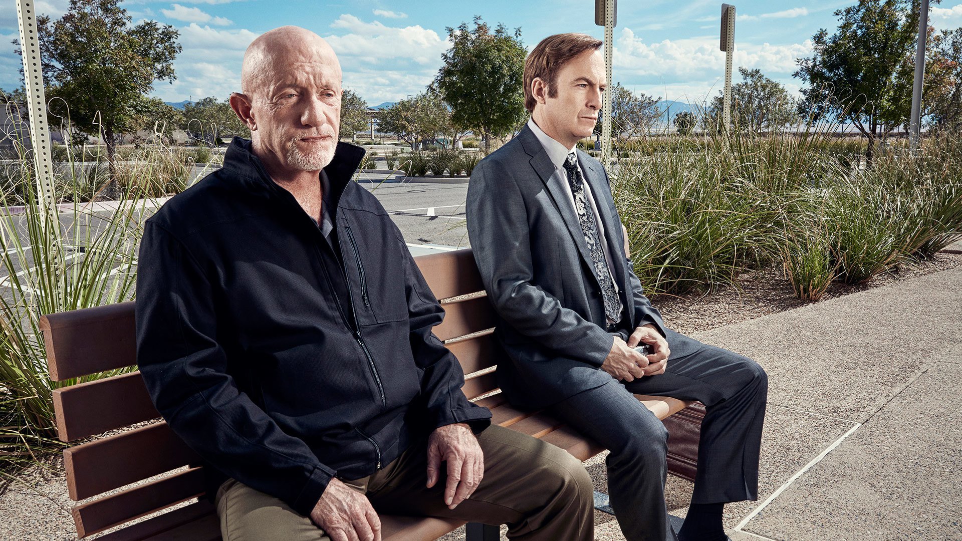 Mike Ehrmantraut and Saul Goodman sitting on a bench HD Wallpaper