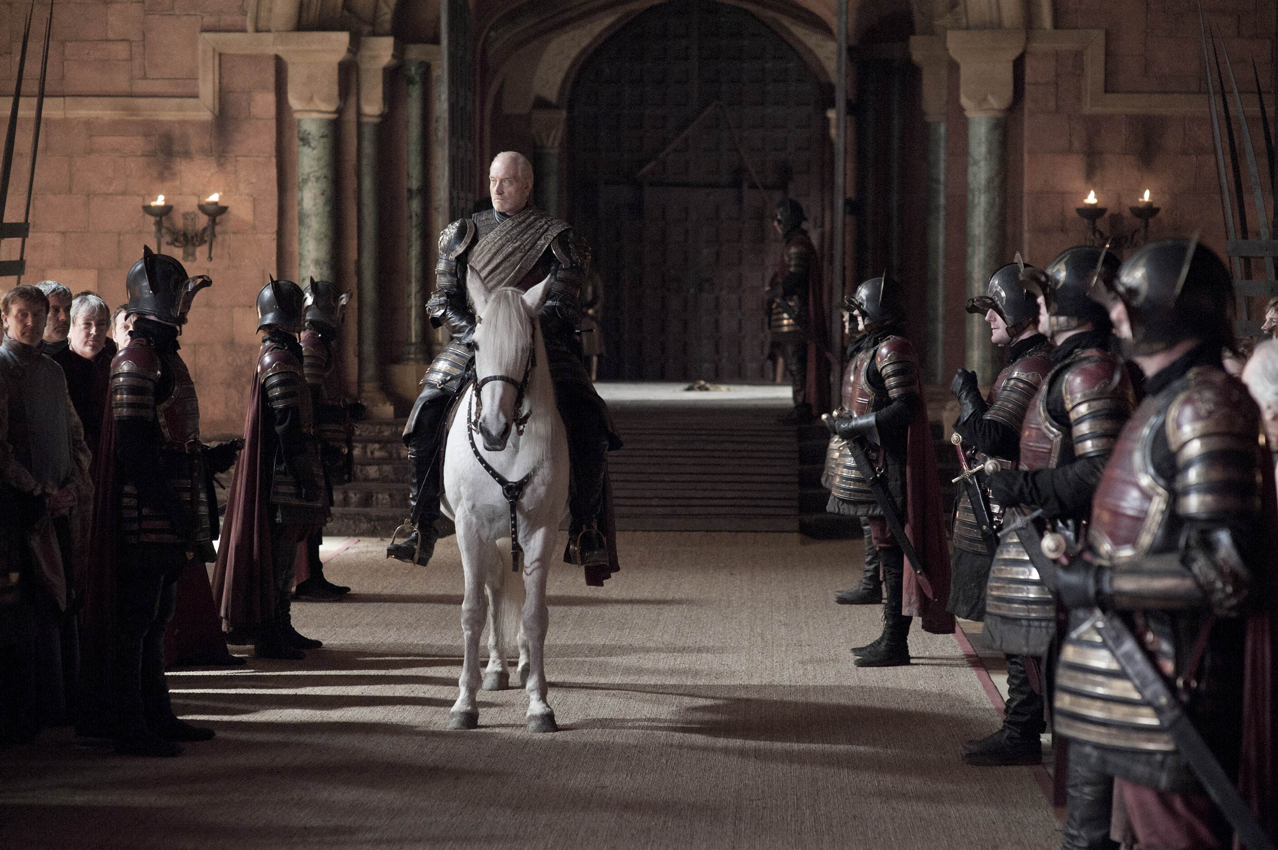 Charles Dance on horseback in a castle hall HD Wallpaper