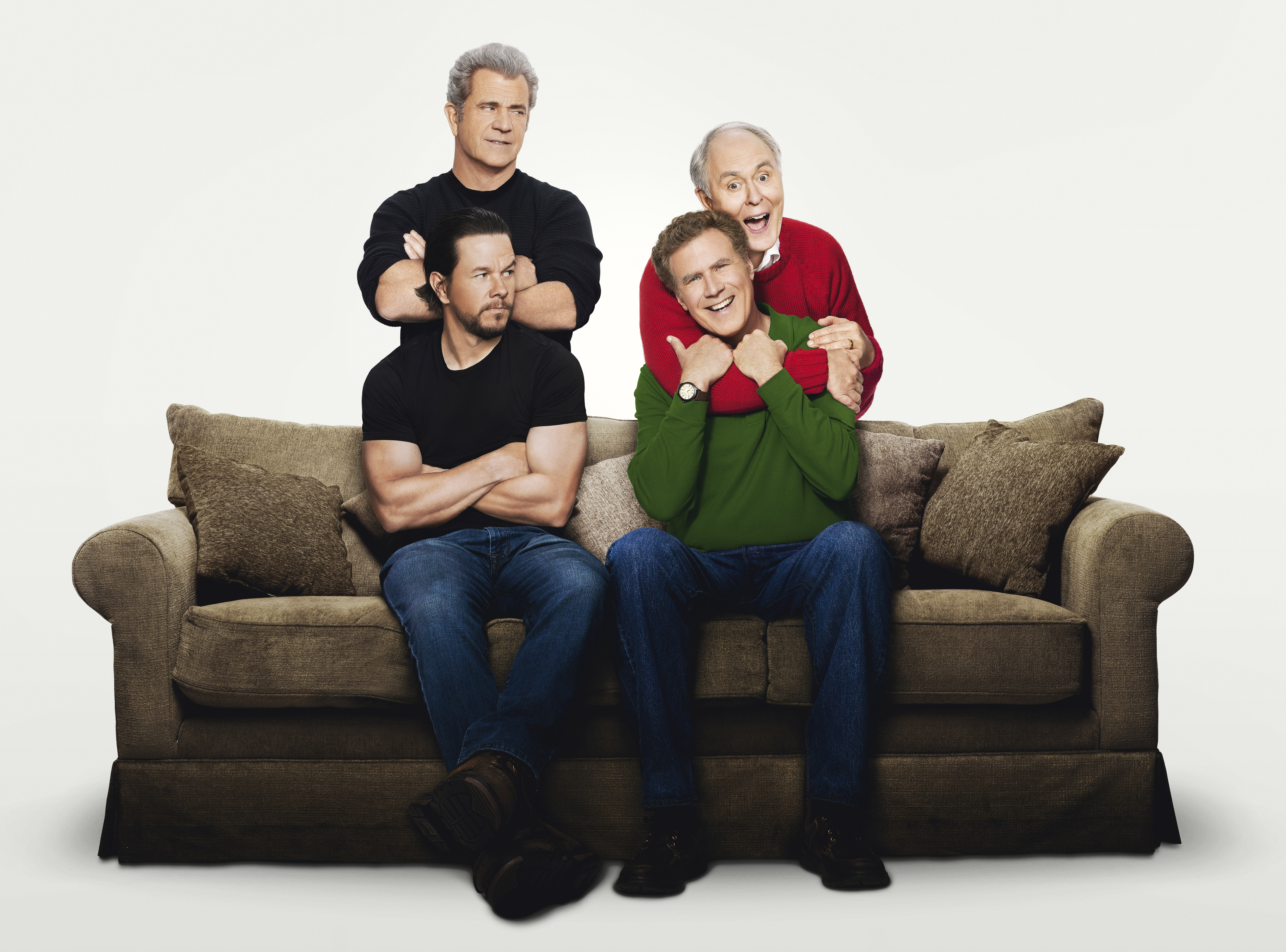 Mel Gibson, Mark Wahlberg, Will Ferrell, and John Lithgow on couch HD Wallpaper