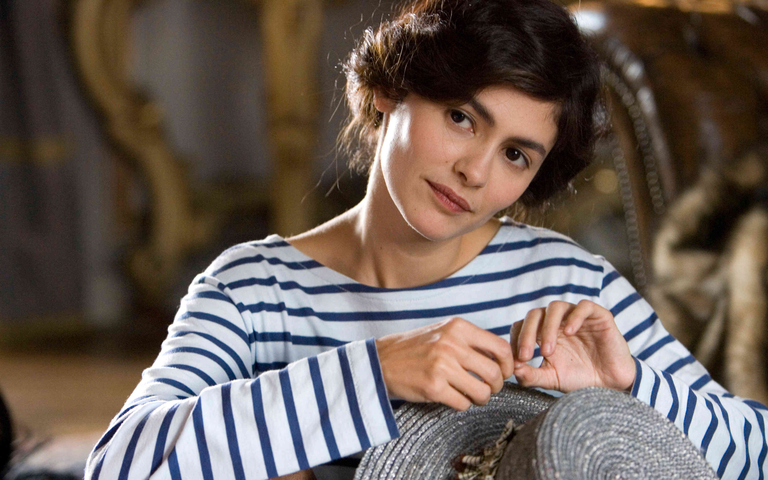 Audrey Tautou in a striped shirt HD Wallpaper
