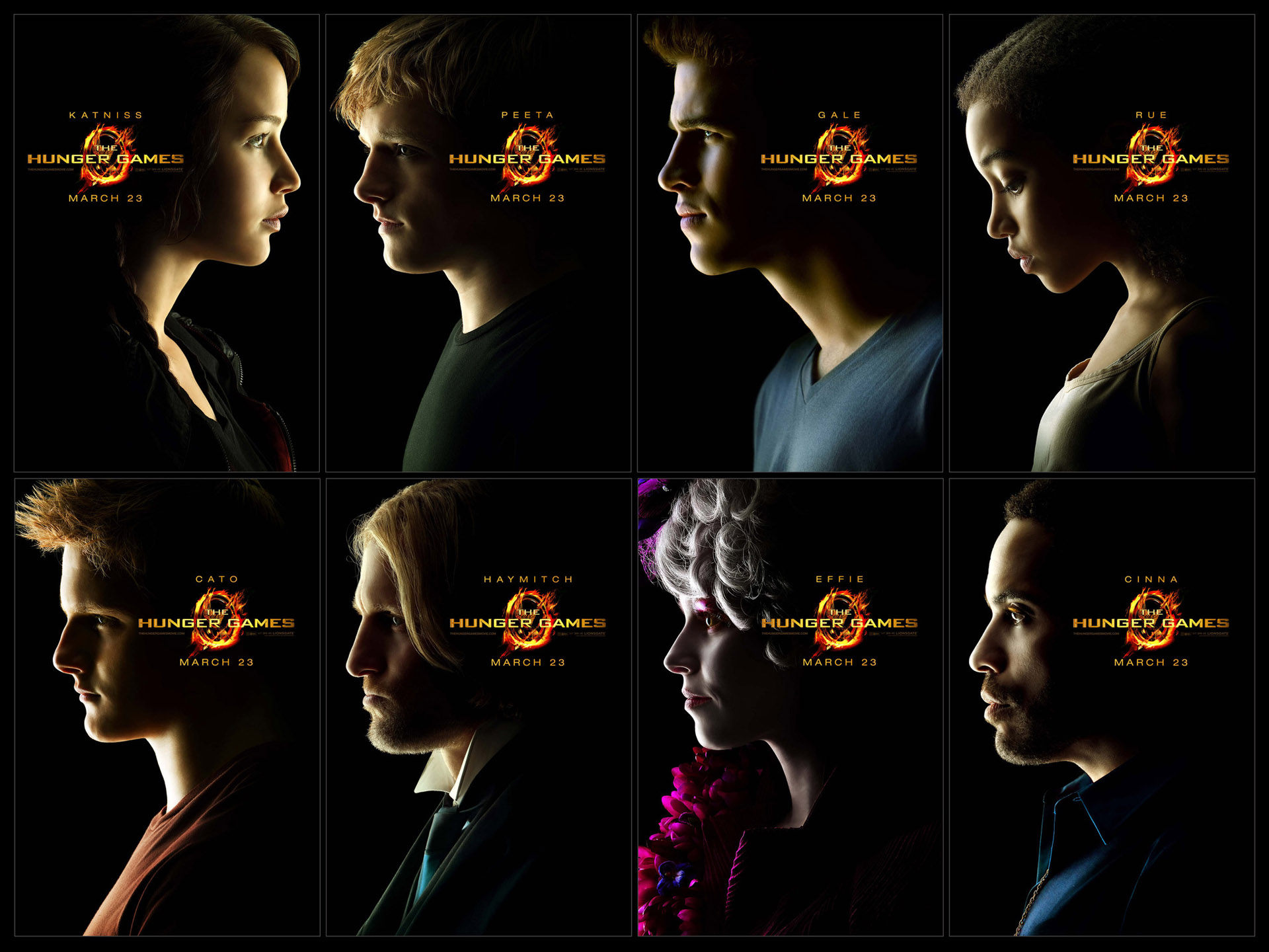 The Hunger Games Characters: Katniss, Peeta, Gale, Rue, Cato, Haymitch, Effie, Cinna HD Wallpaper