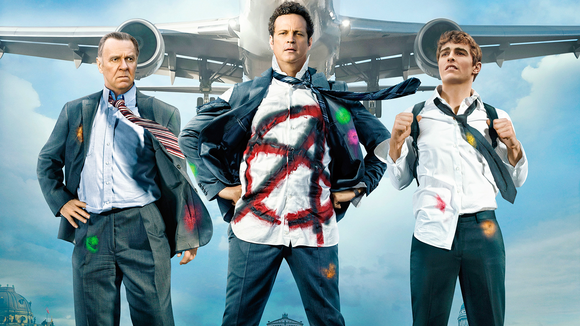 Vince Vaughn and others in front of airplane HD Wallpaper