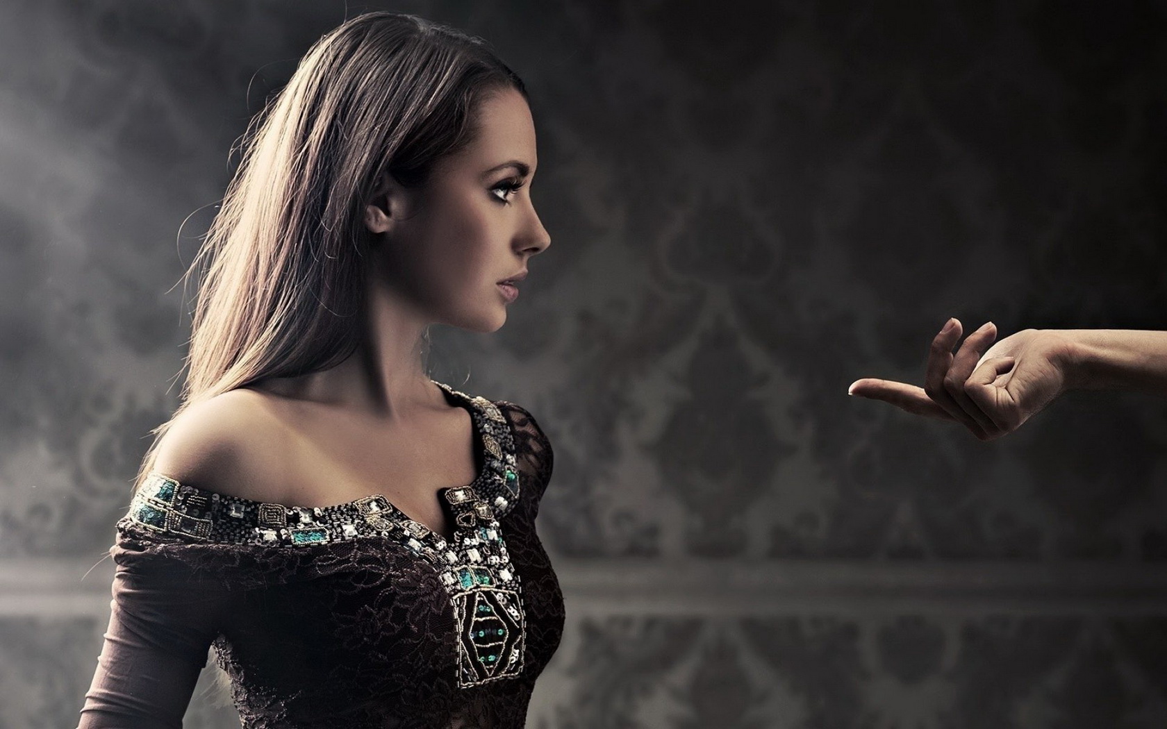 Woman in ornate dress and outstretched hand HD Wallpaper