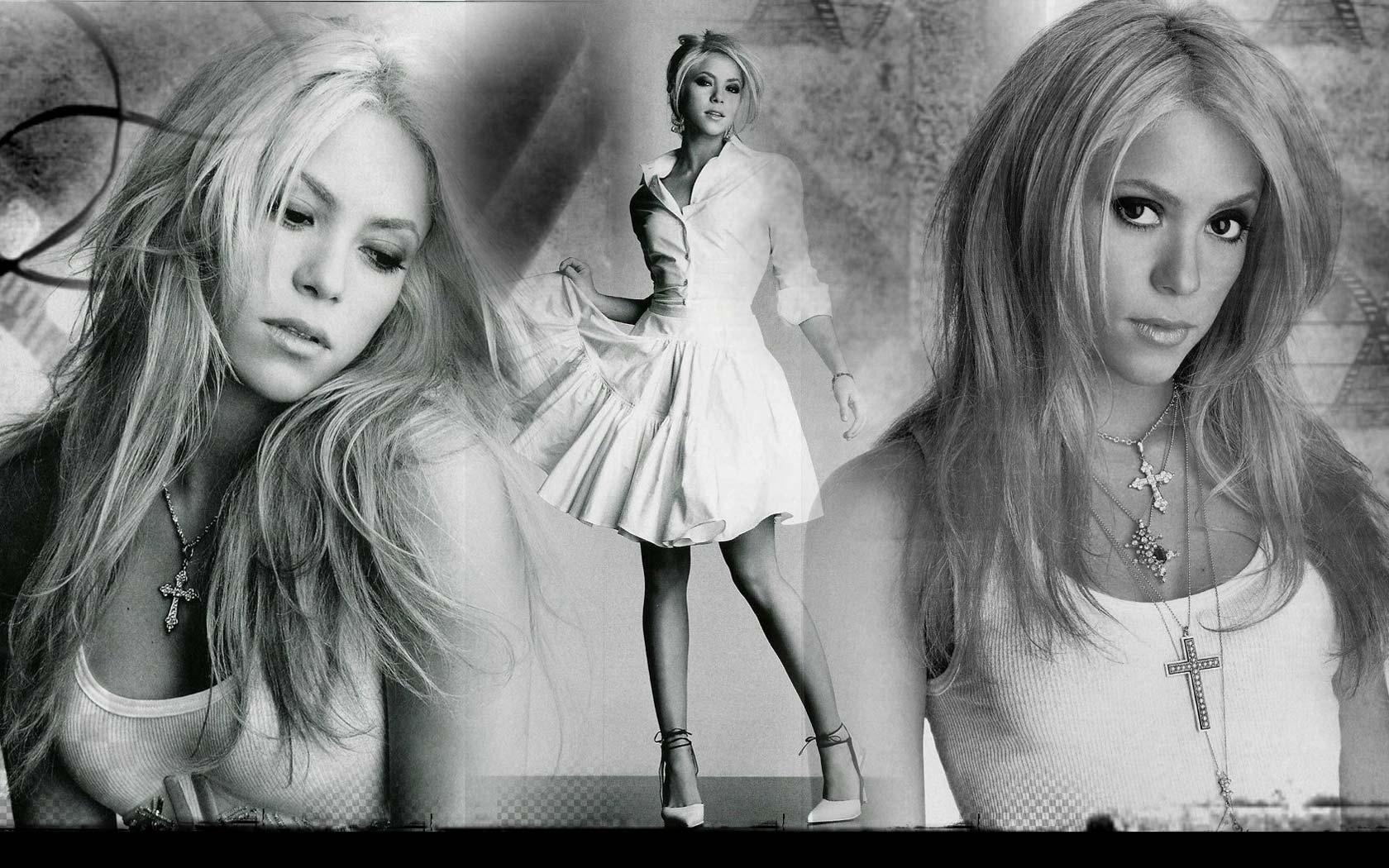 Shakira in a collage of black and white portraits HD Wallpaper