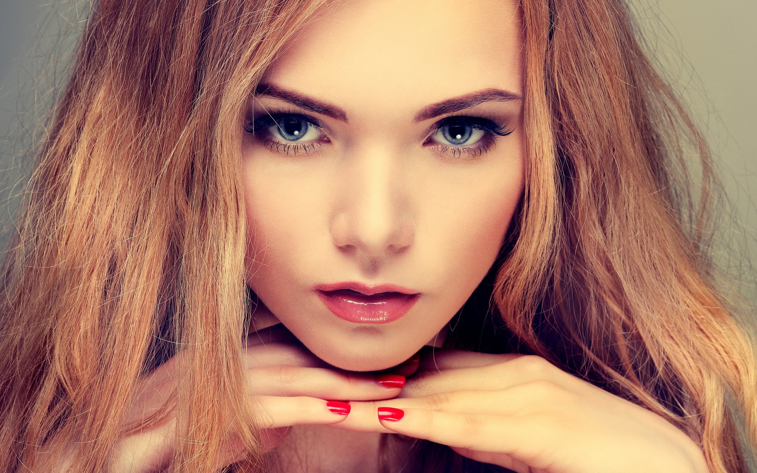 Woman with long blonde hair and red nails HD Wallpaper