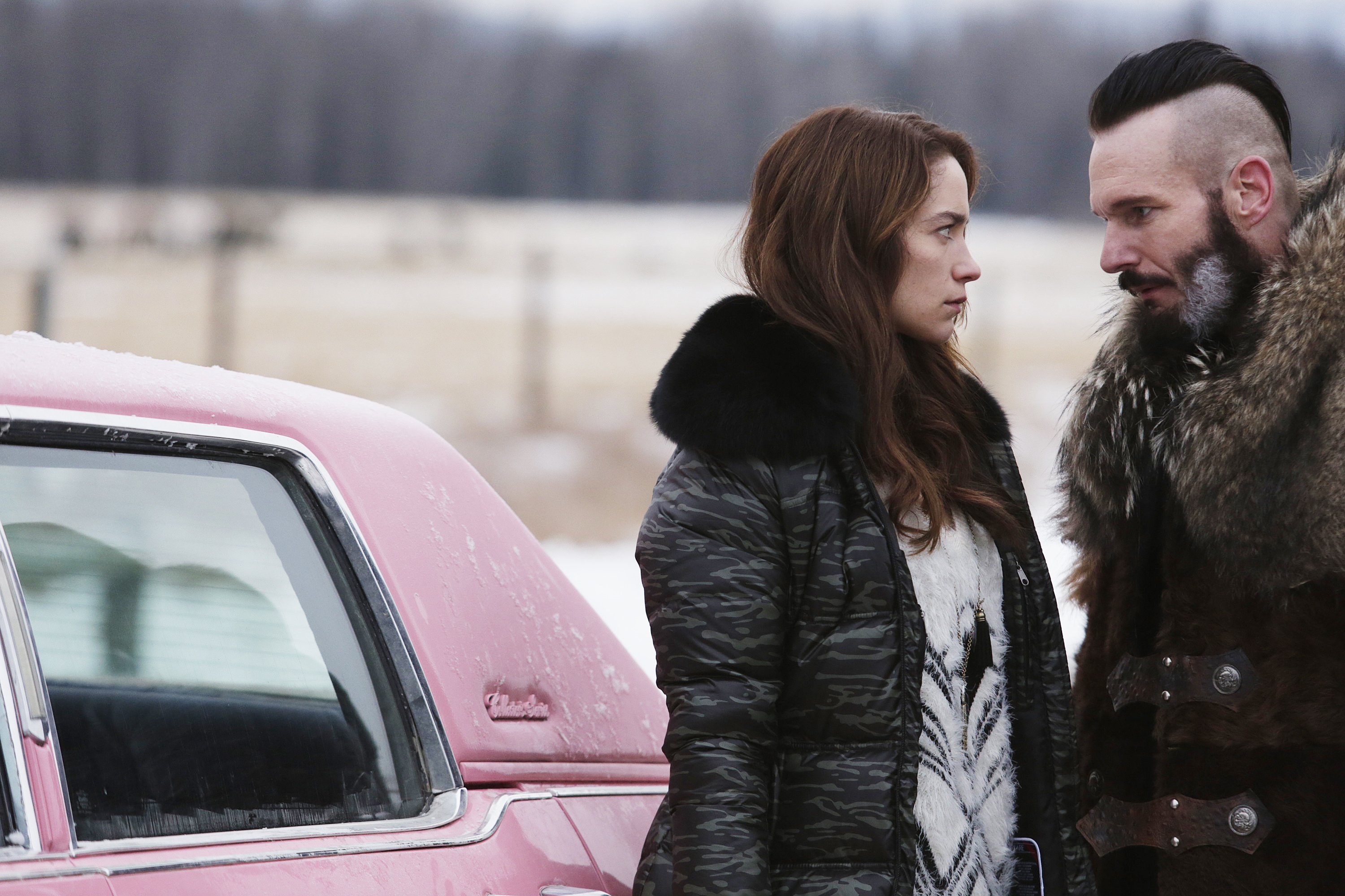 Melanie Scrofano and man in fur coat HD Wallpaper