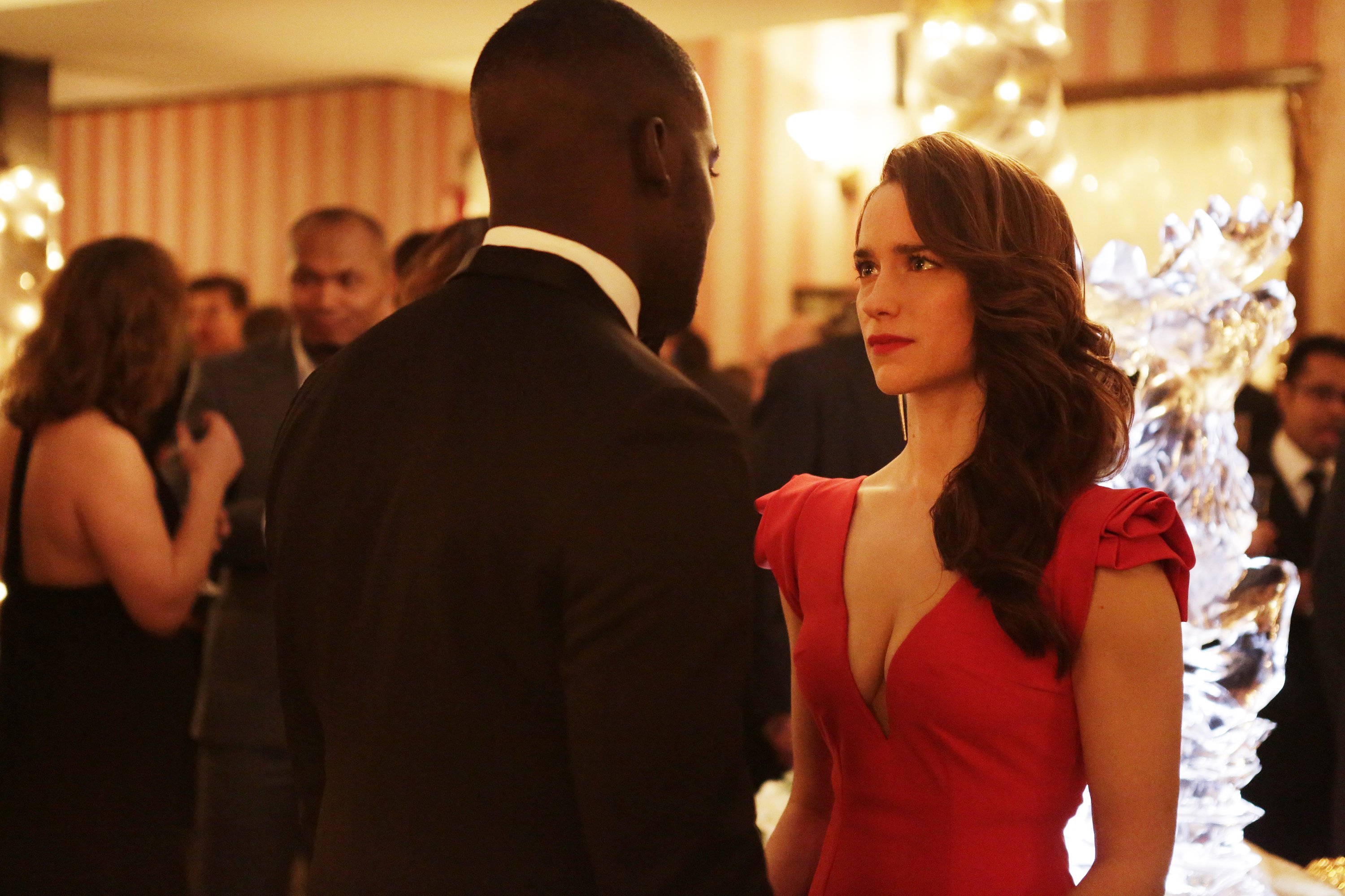 Melanie Scrofano in a red dress at a formal event HD Wallpaper