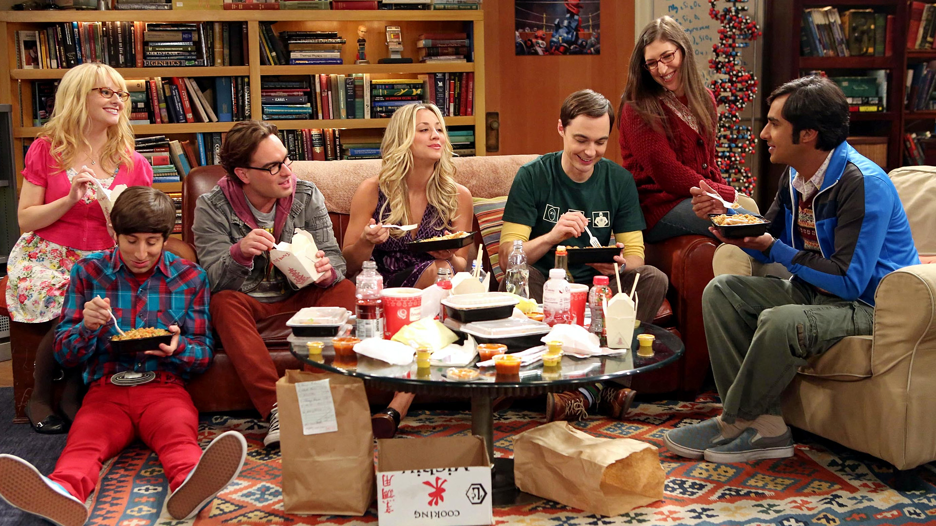 The Big Bang Theory cast eating takeout HD Wallpaper
