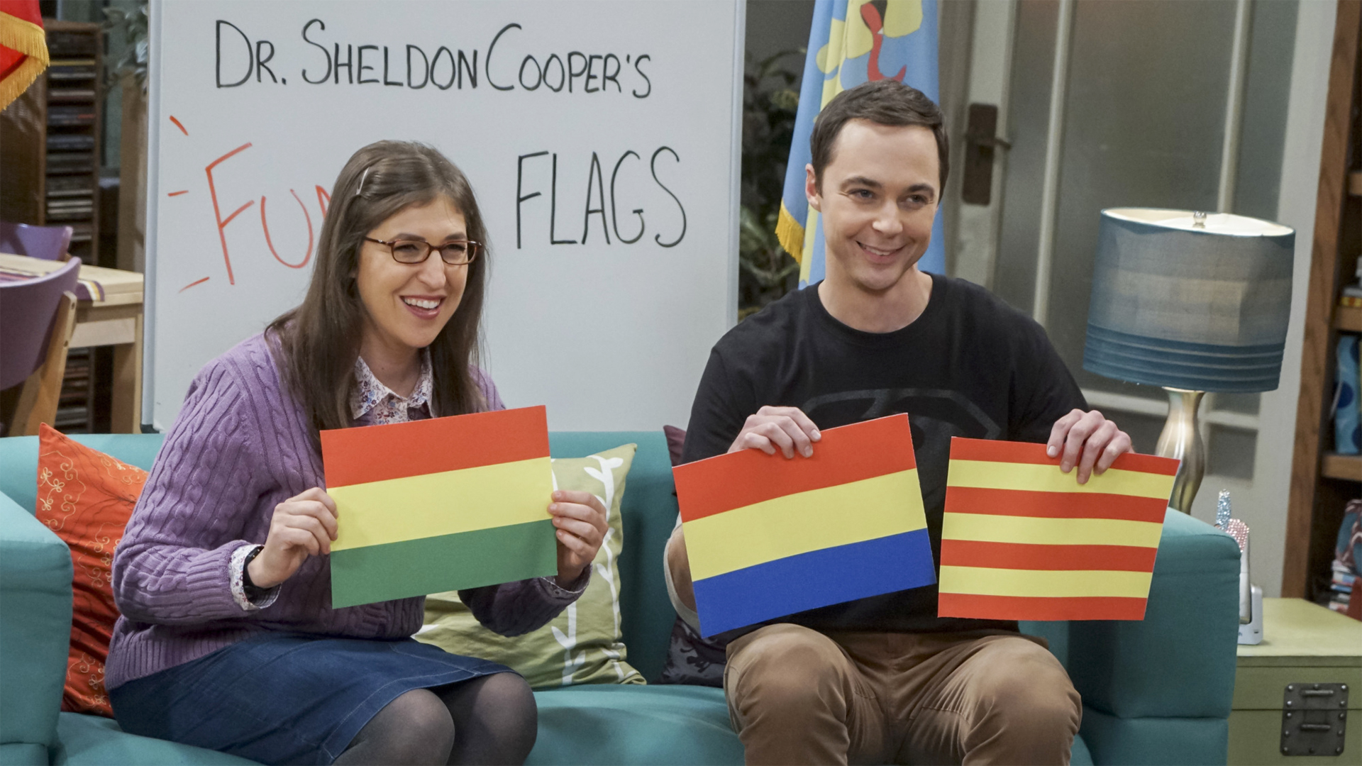 Amy Farrah Fowler and Sheldon Cooper with flags HD Wallpaper