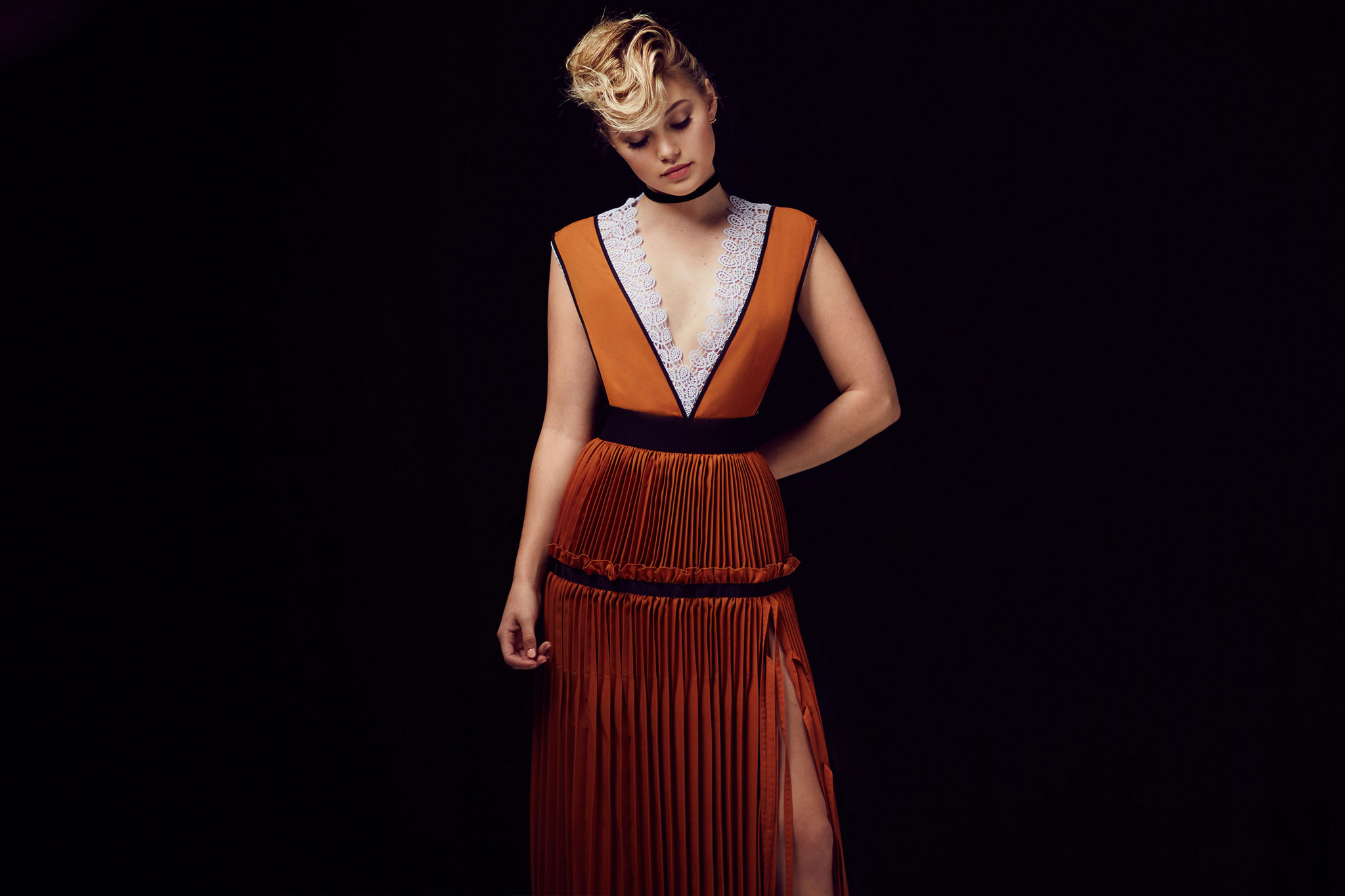 Olivia Holt in orange dress HD Wallpaper