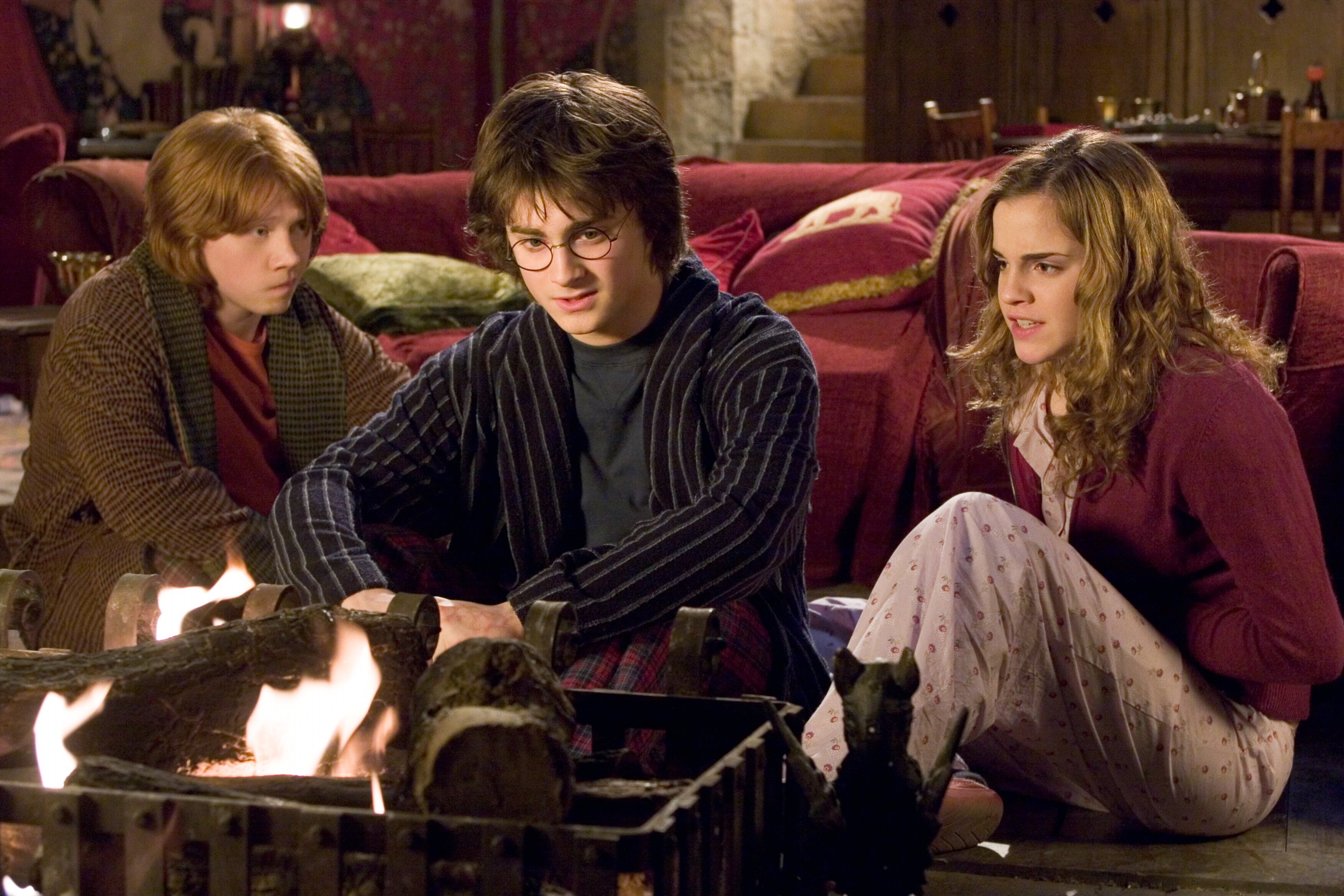 Harry Potter, Ron Weasley, and Hermione Granger by a fireplace HD Wallpaper