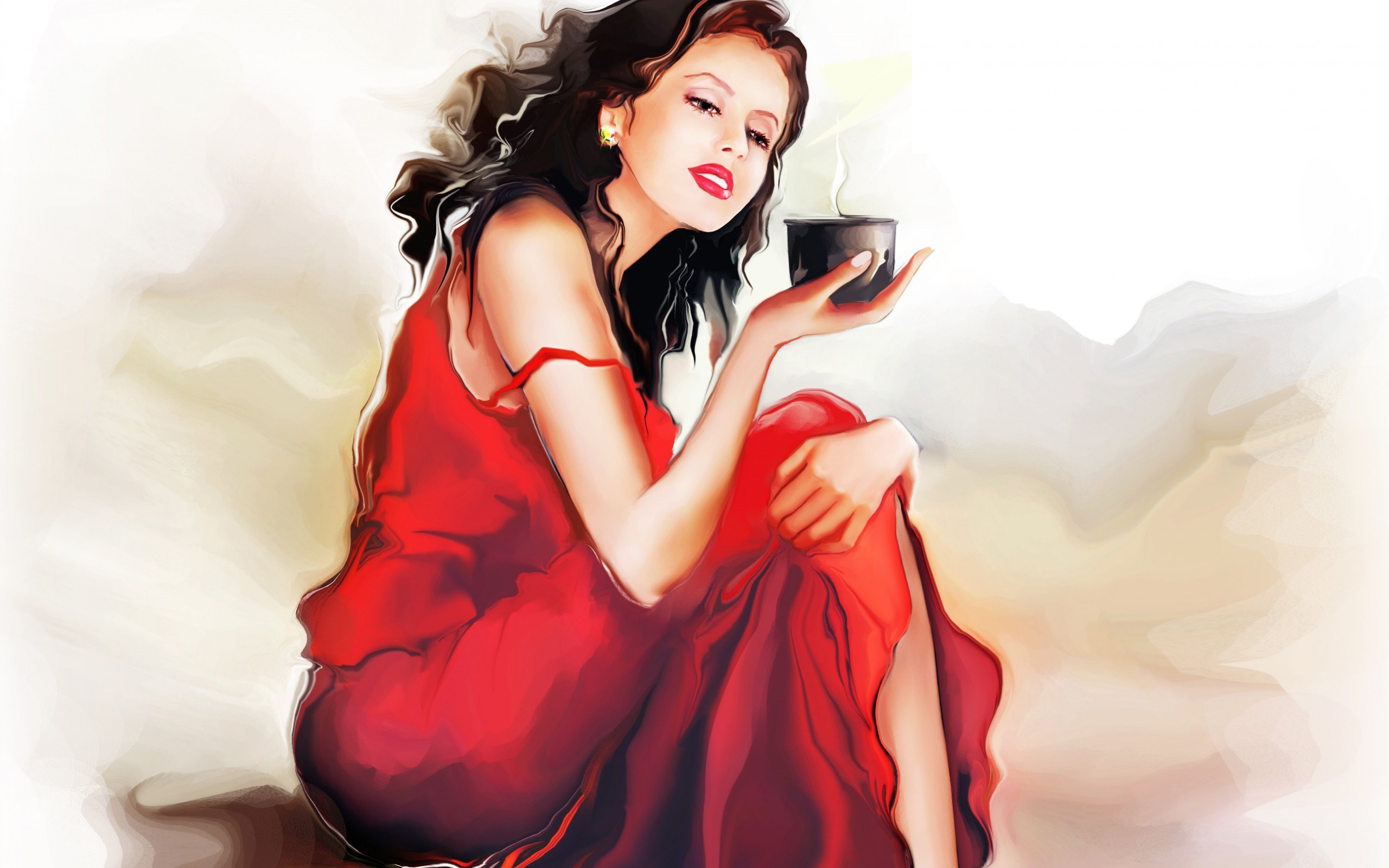 Woman in red dress holding a cup HD Wallpaper