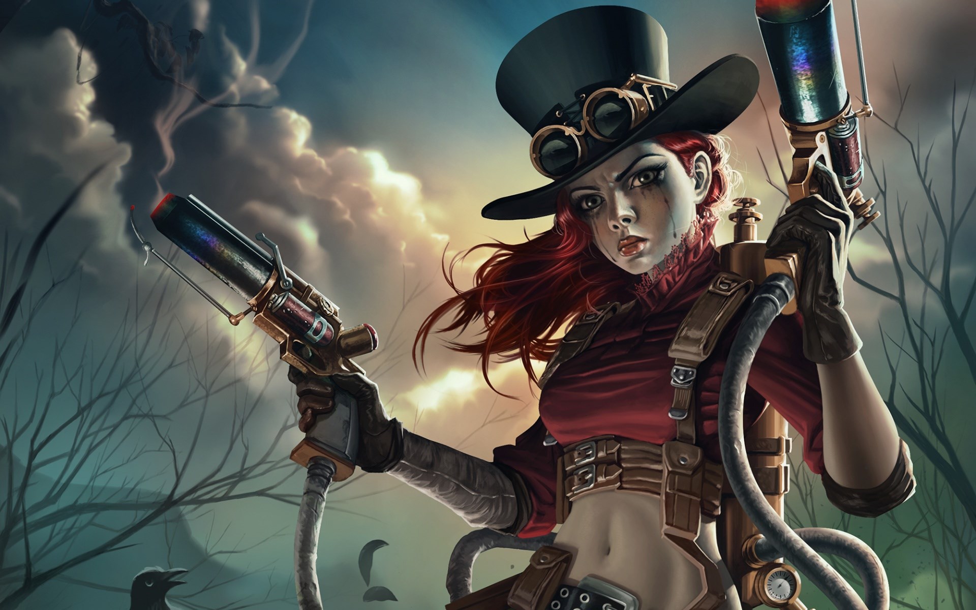 Steampunk woman with guns and top hat HD Wallpaper