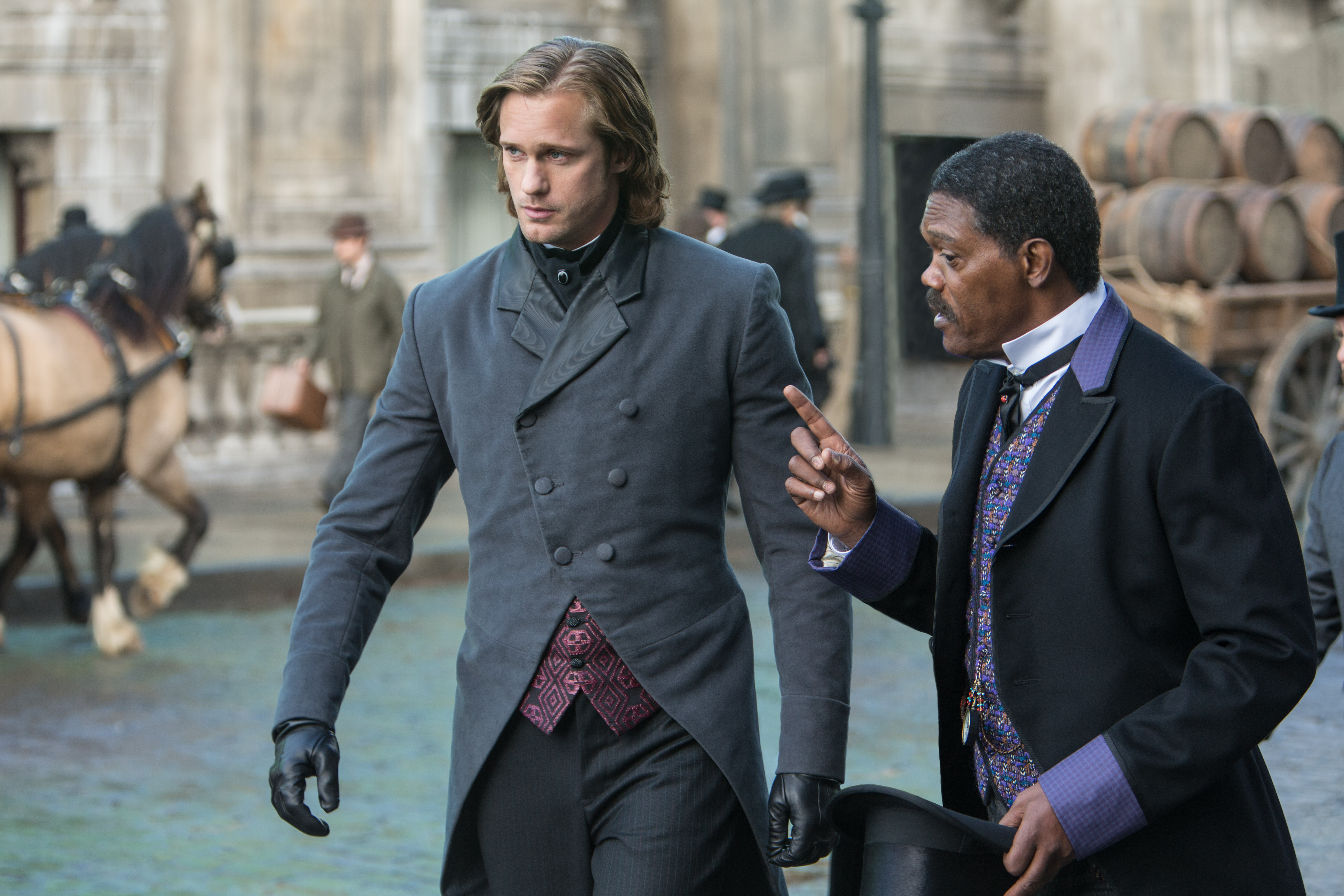 Alexander Skarsgård and Samuel L. Jackson in period attire HD Wallpaper